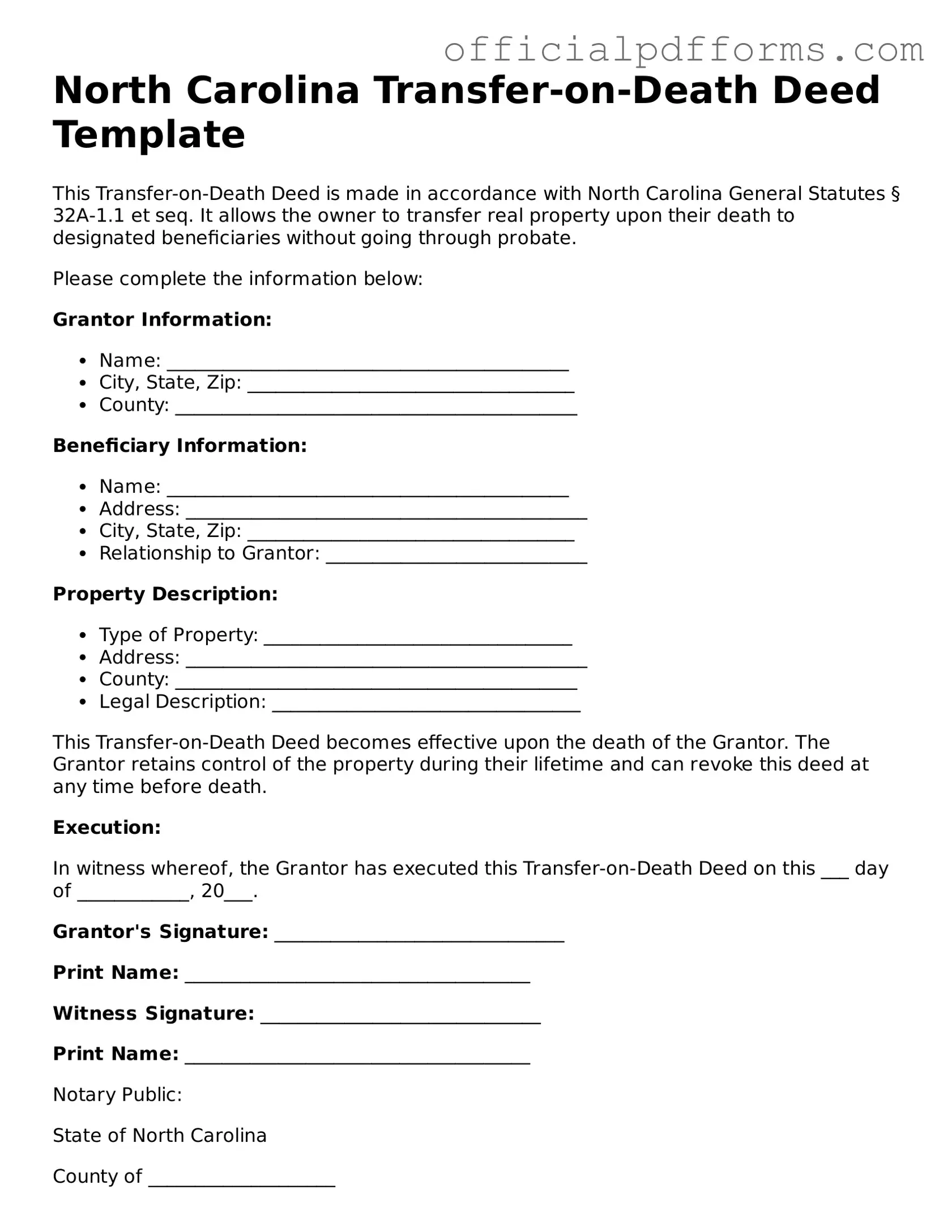 Printable North Carolina Transfer-on-Death Deed Template