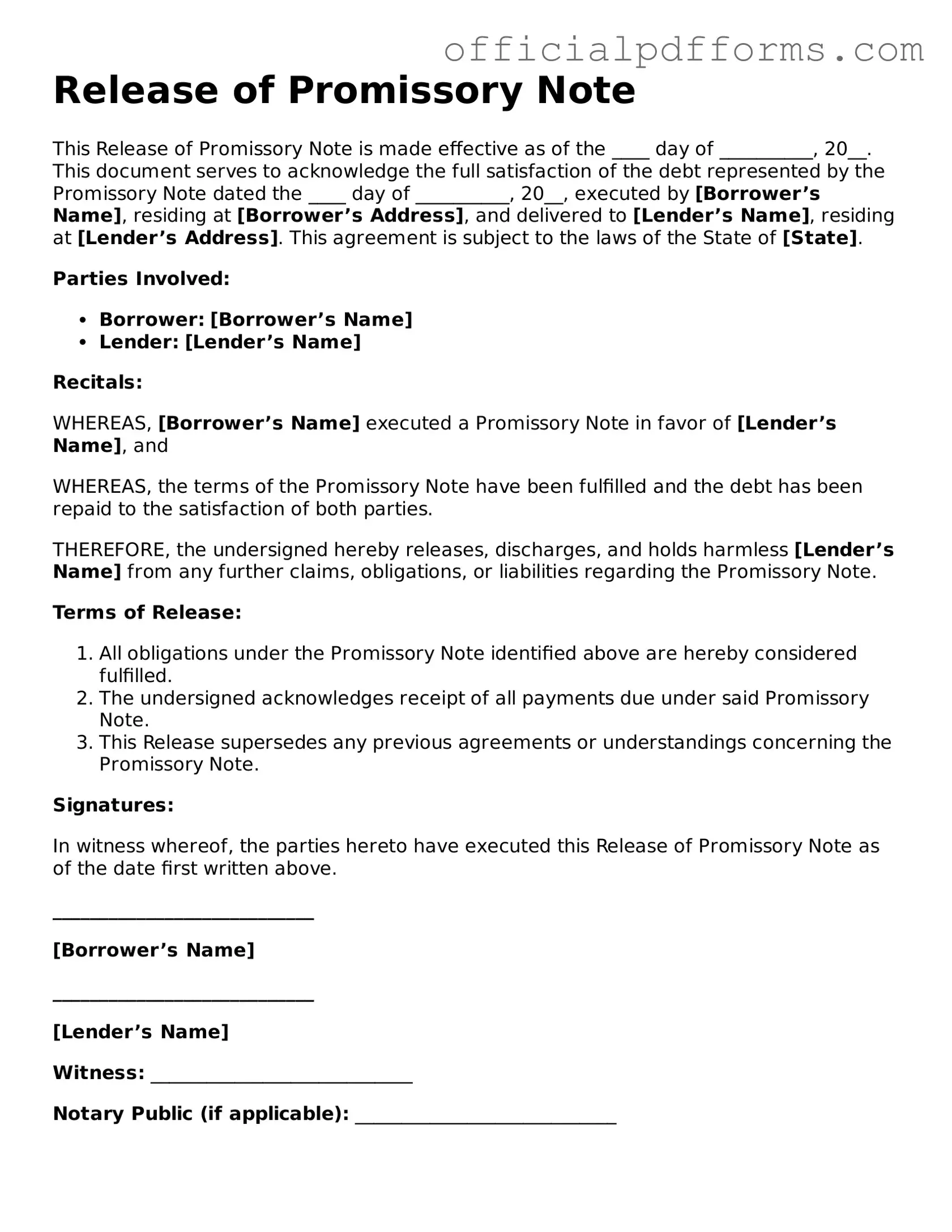 Valid Release of Promissory Note Document