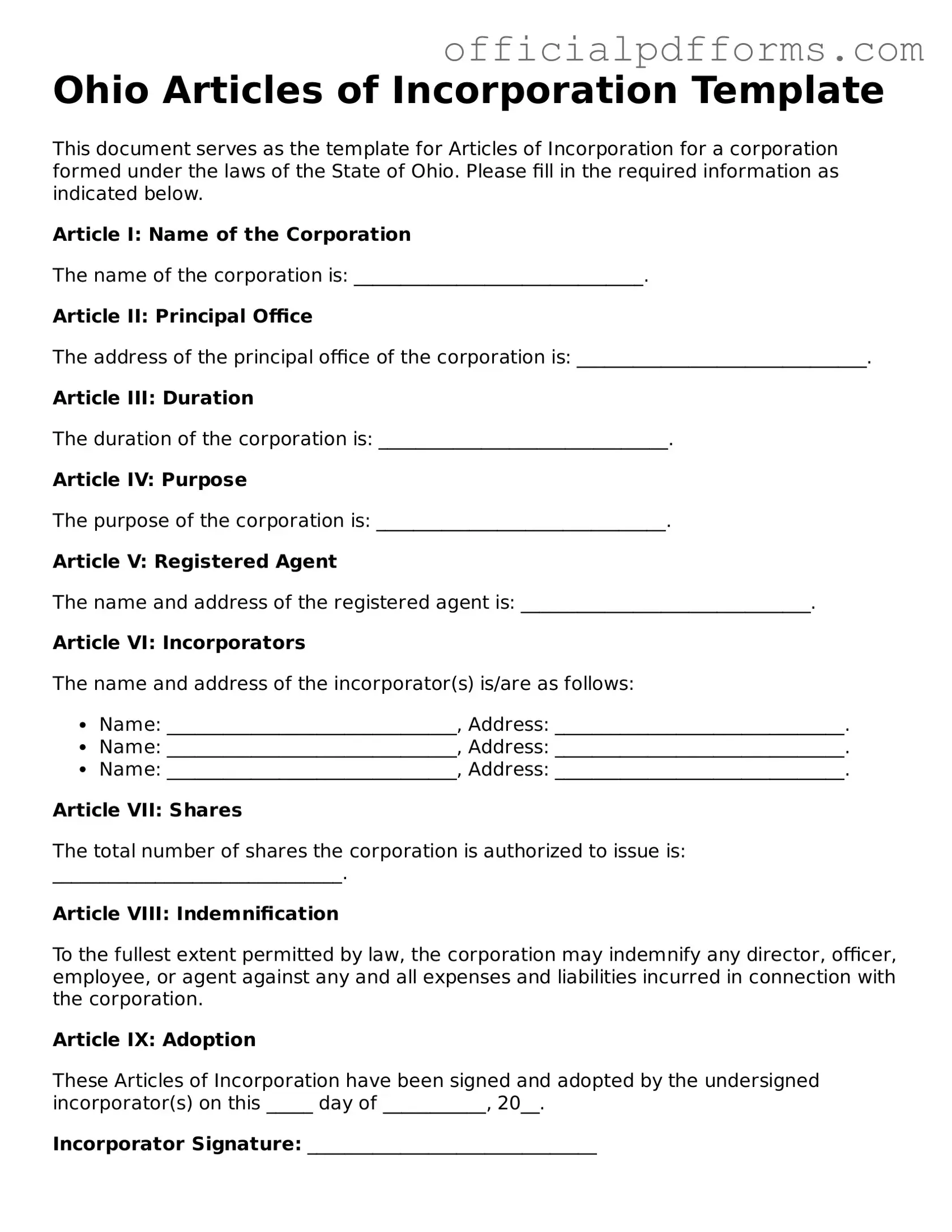 Printable Ohio Articles of Incorporation Template