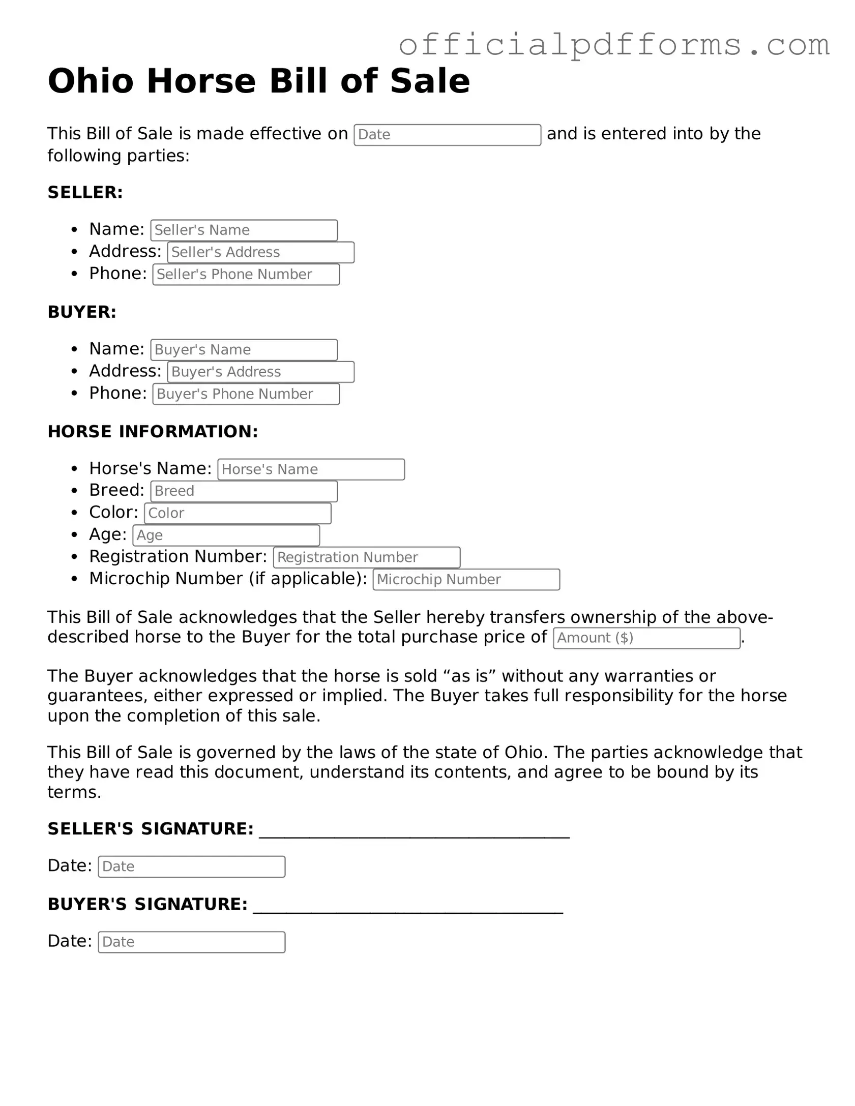 Printable Ohio Horse Bill of Sale Template