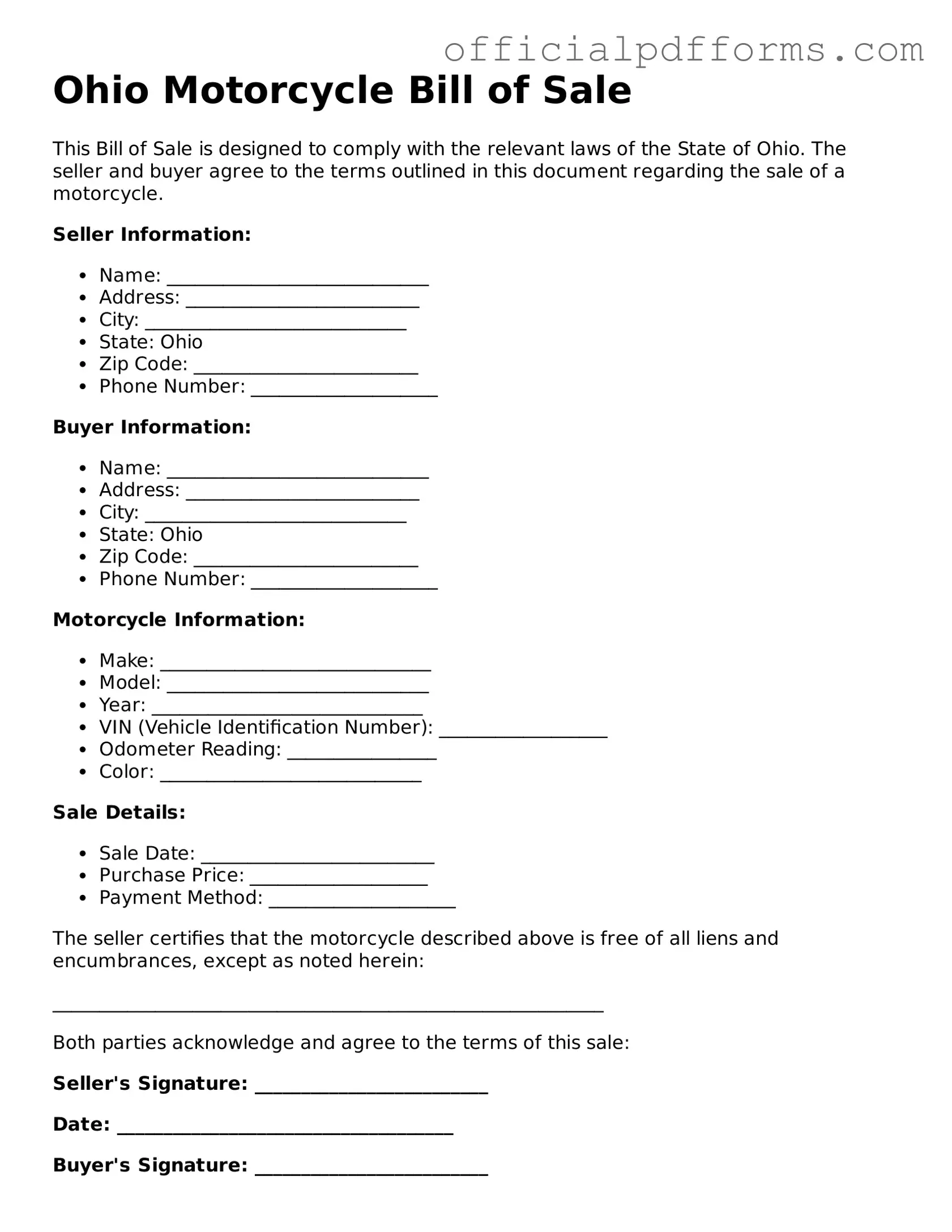 Printable Ohio Motorcycle Bill of Sale Template