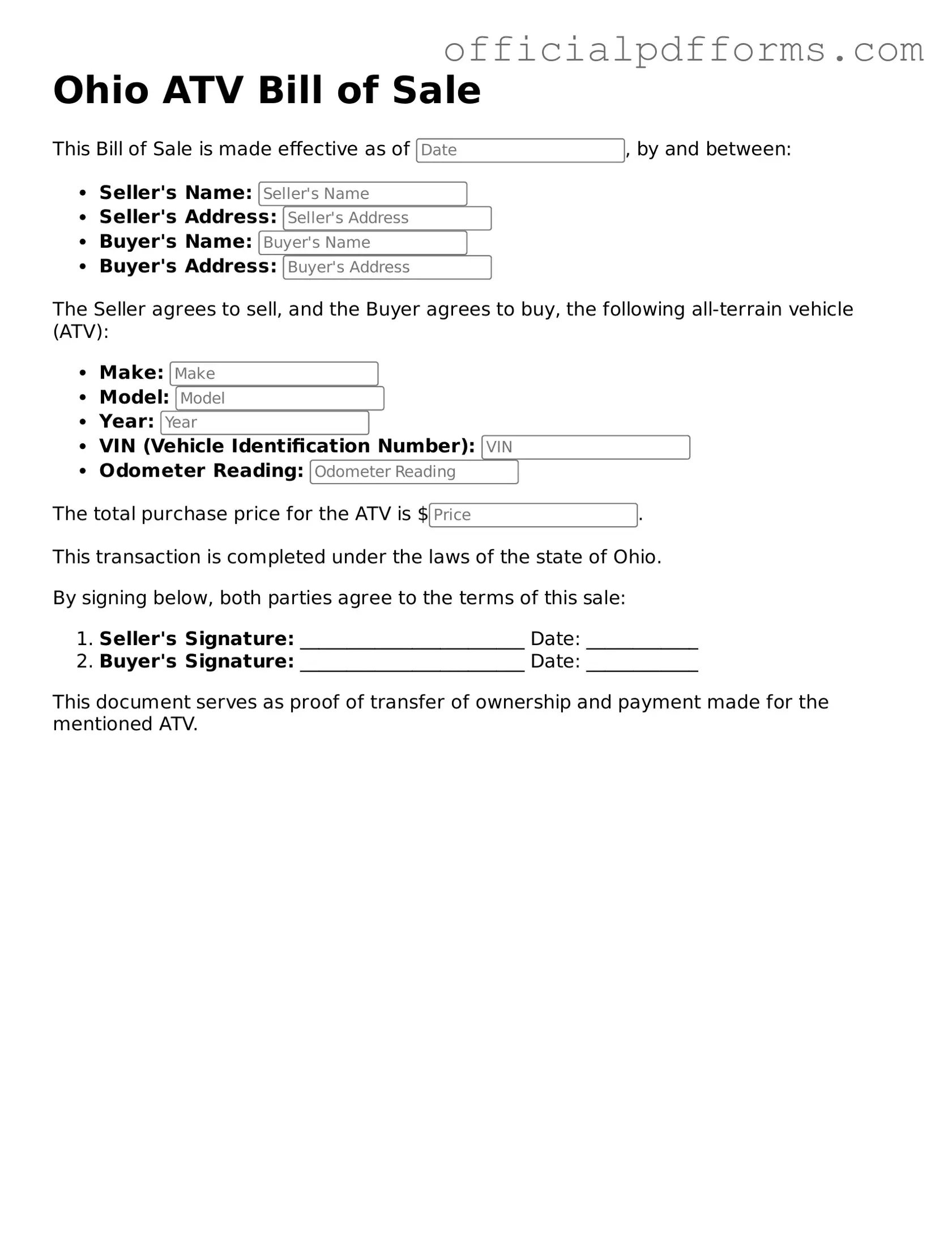 Printable Ohio ATV Bill of Sale Template