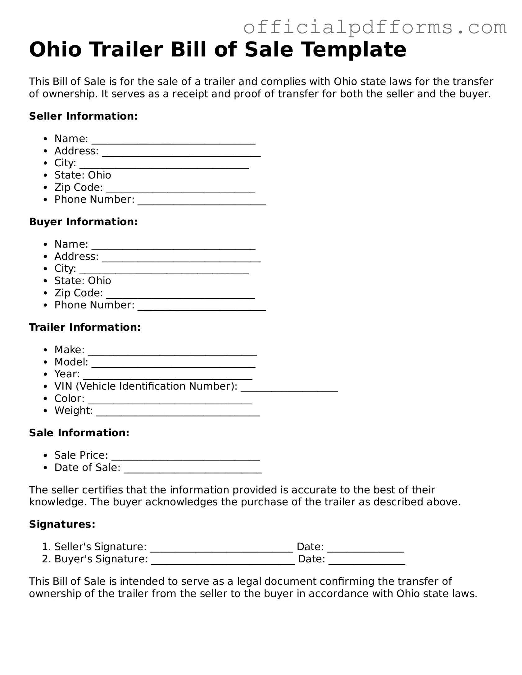 Printable Ohio Trailer Bill of Sale Template