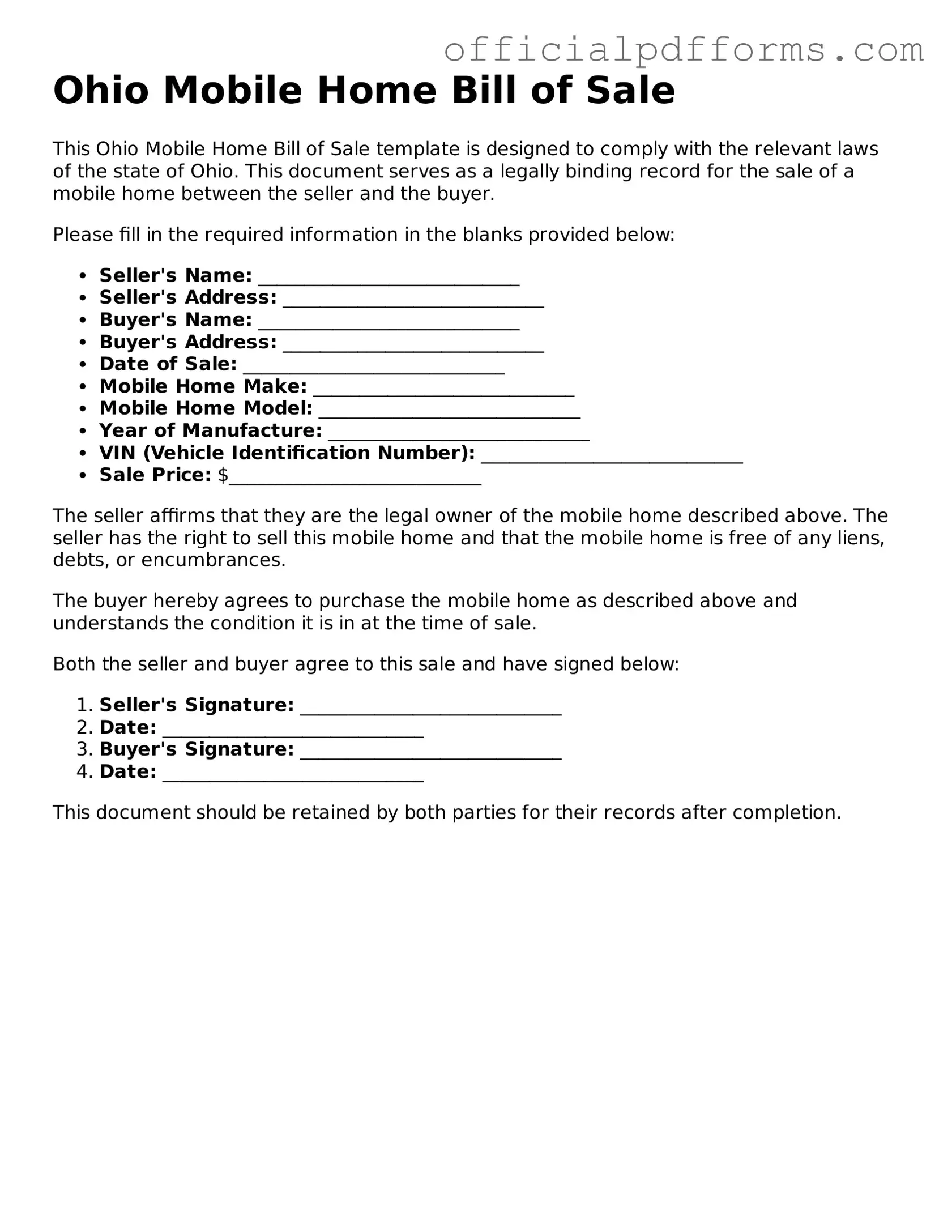 Printable Ohio Mobile Home Bill of Sale Template
