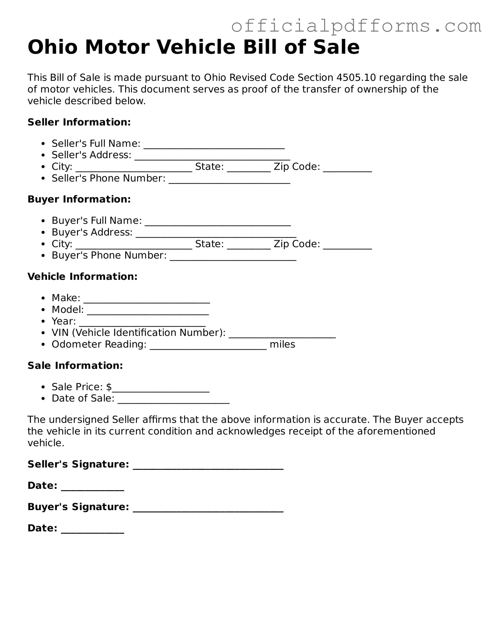Printable Ohio Motor Vehicle Bill of Sale Template