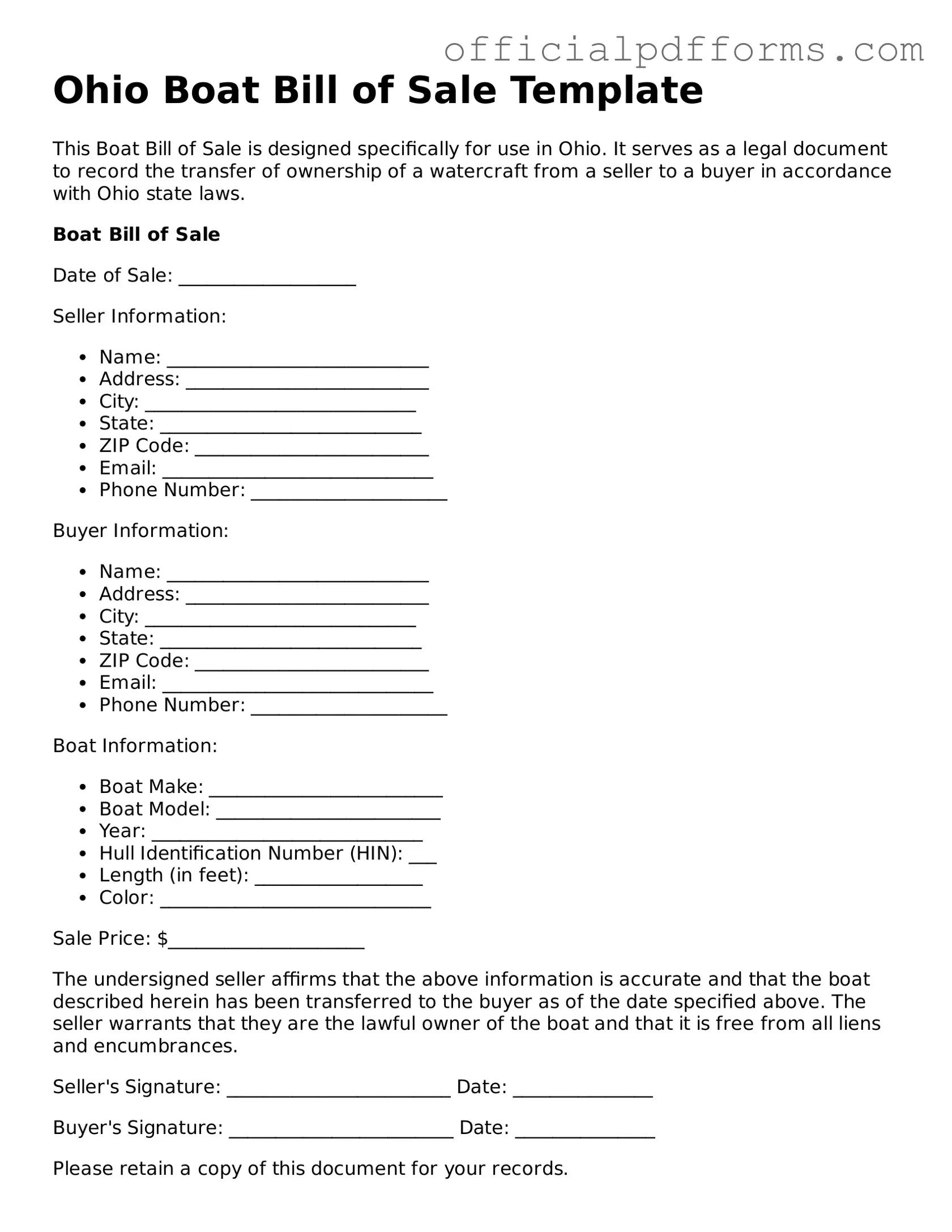 Printable Ohio Boat Bill of Sale Template