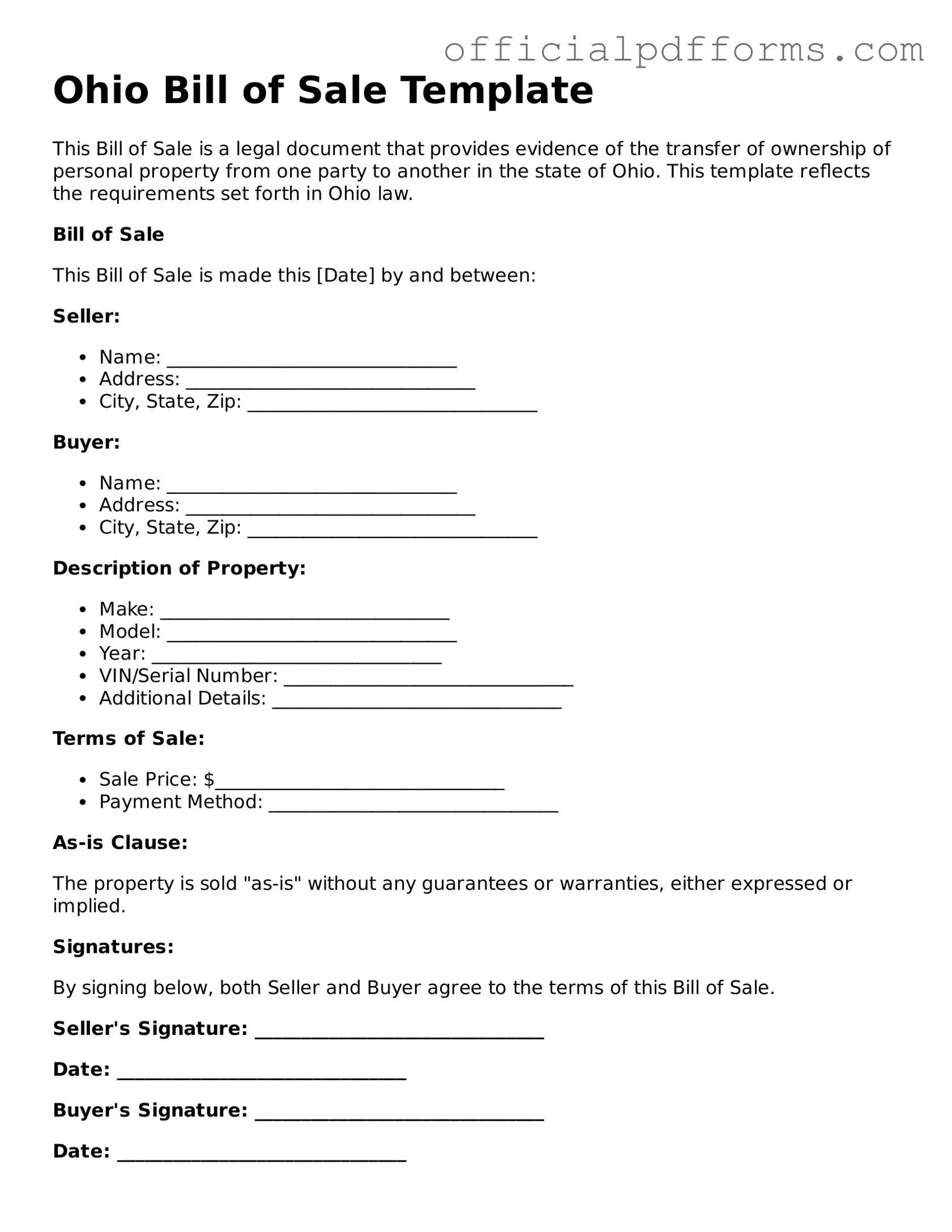 Printable Ohio Bill of Sale Template