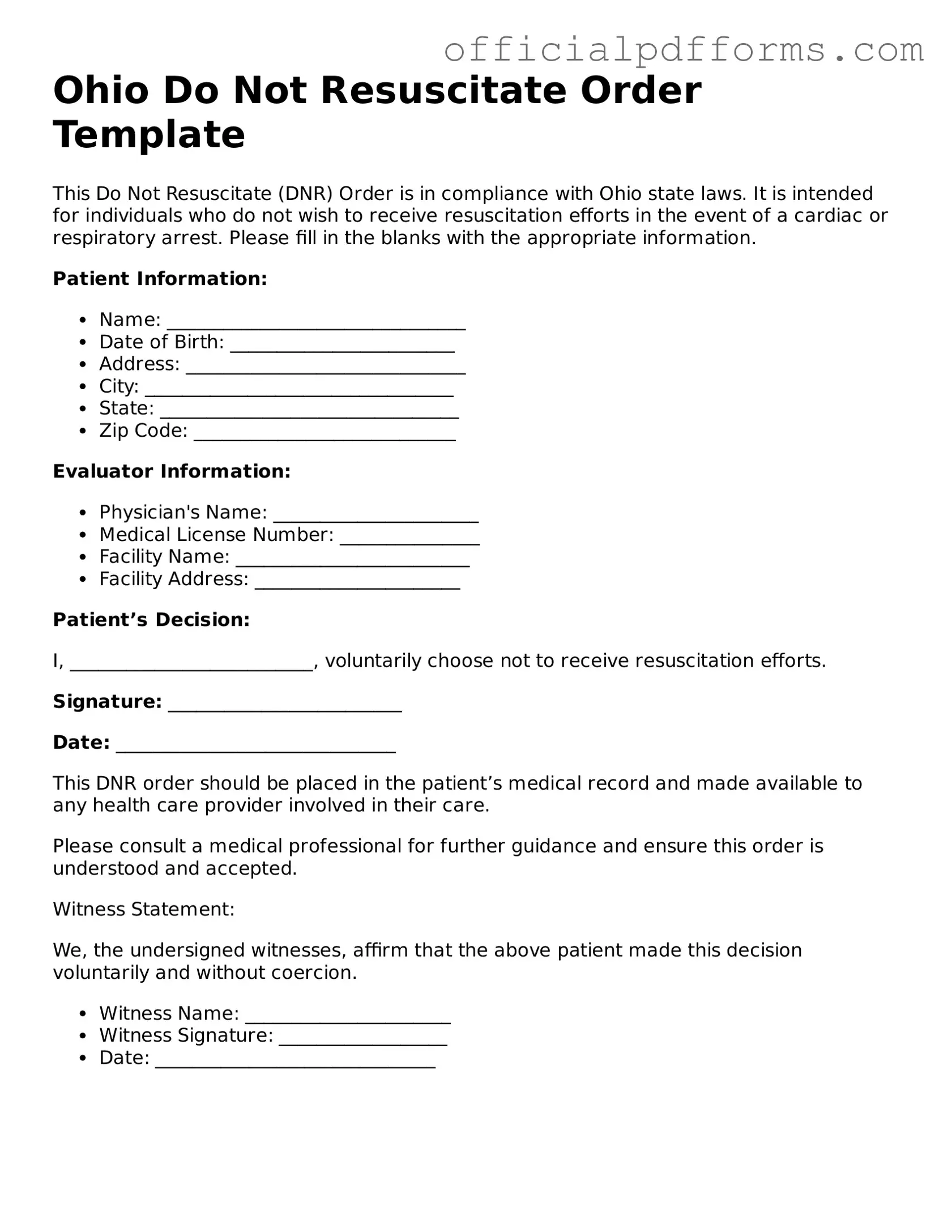 Printable Ohio Do Not Resuscitate Order Template
