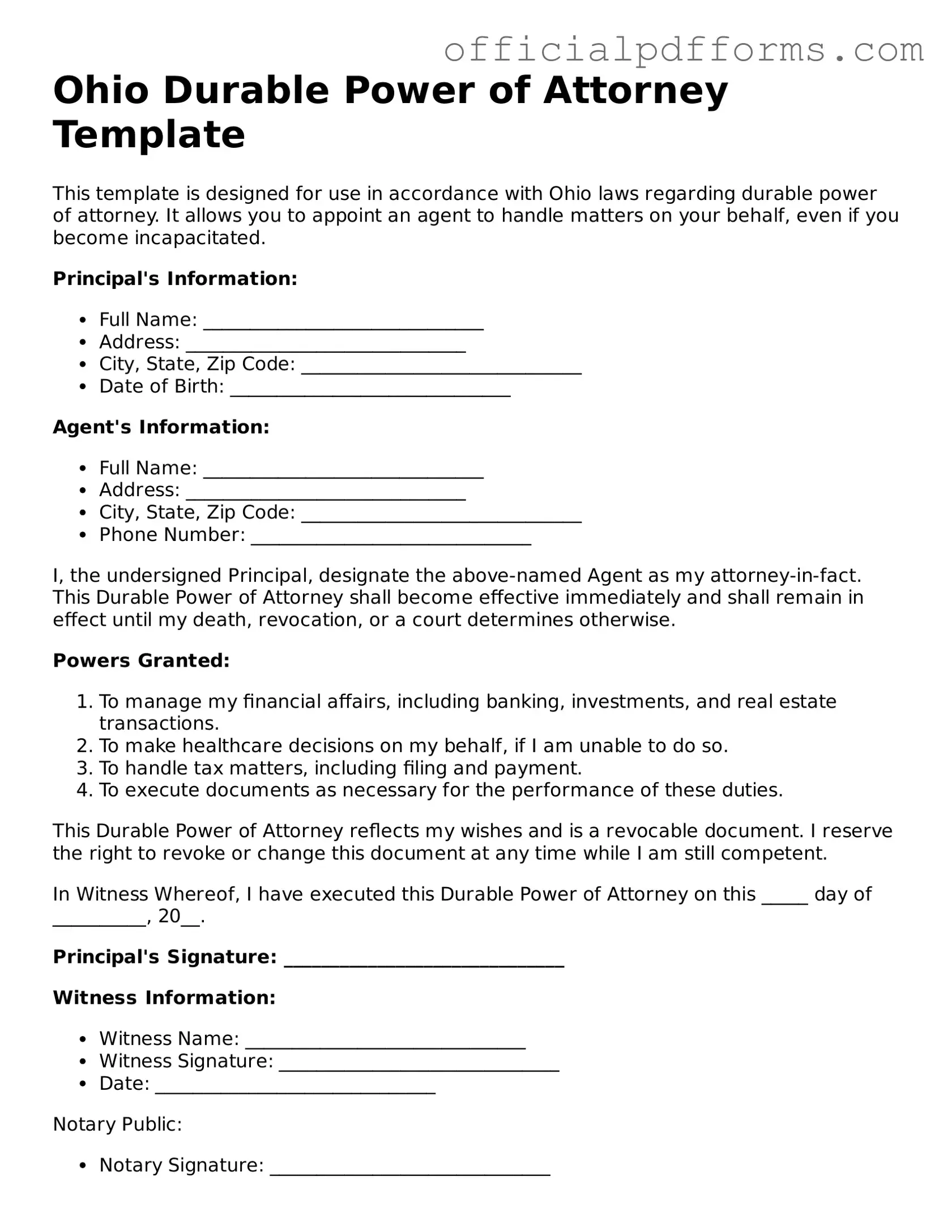 Printable Ohio Durable Power of Attorney Template