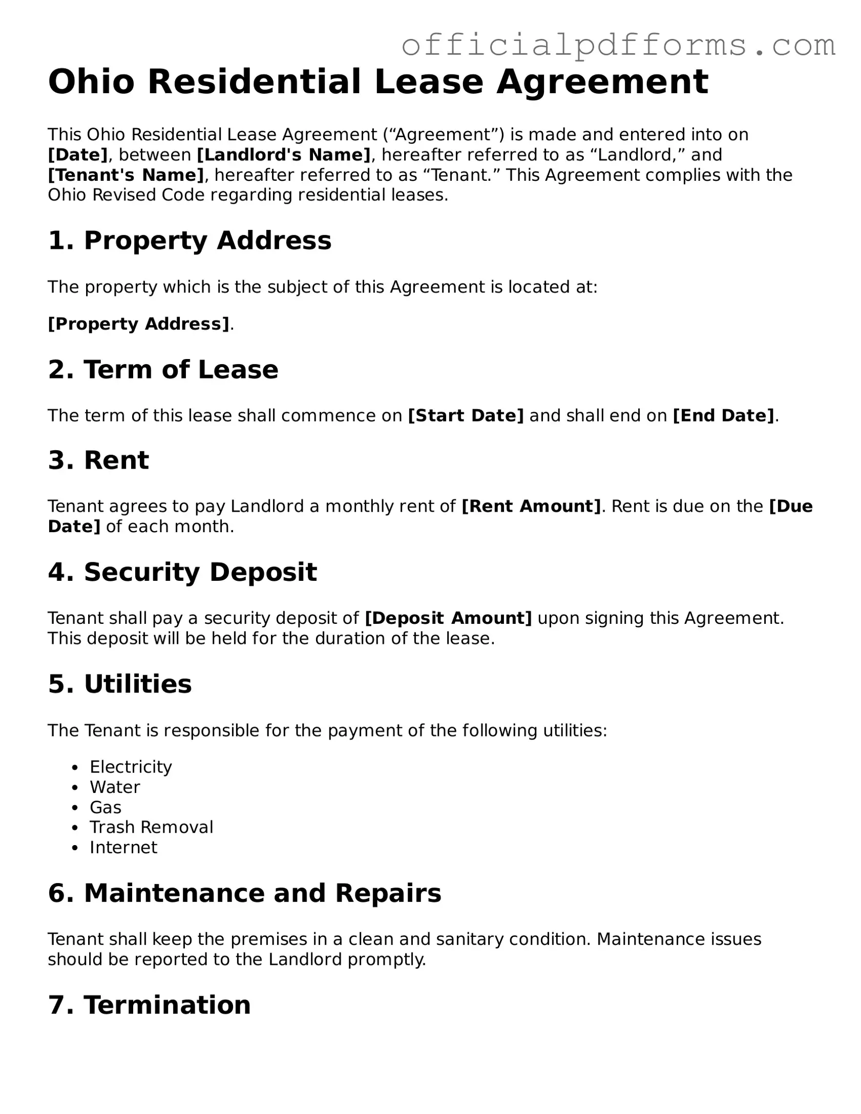 Printable Ohio Residential Lease Agreement Template