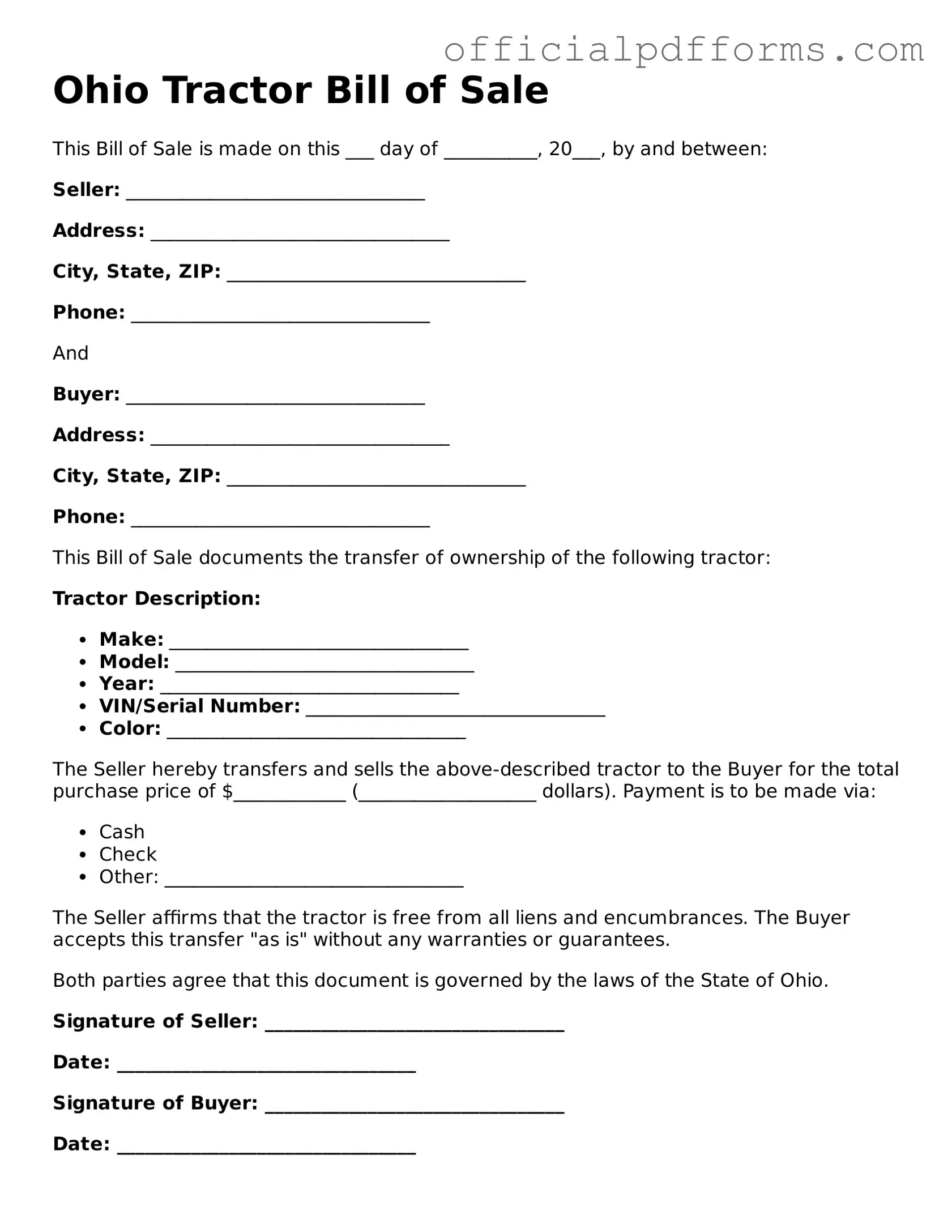 Printable Ohio Tractor Bill of Sale Template