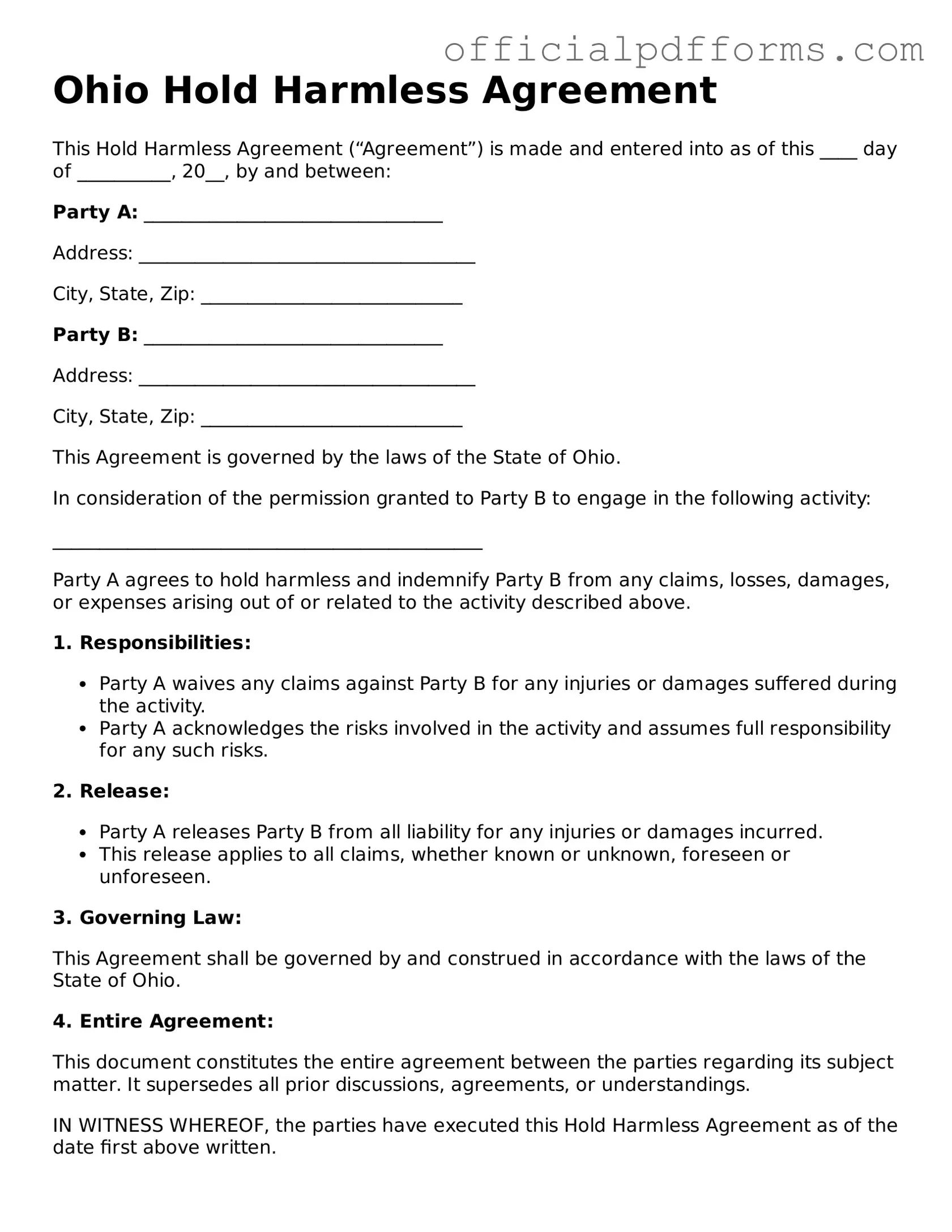 Printable Ohio Hold Harmless Agreement Template