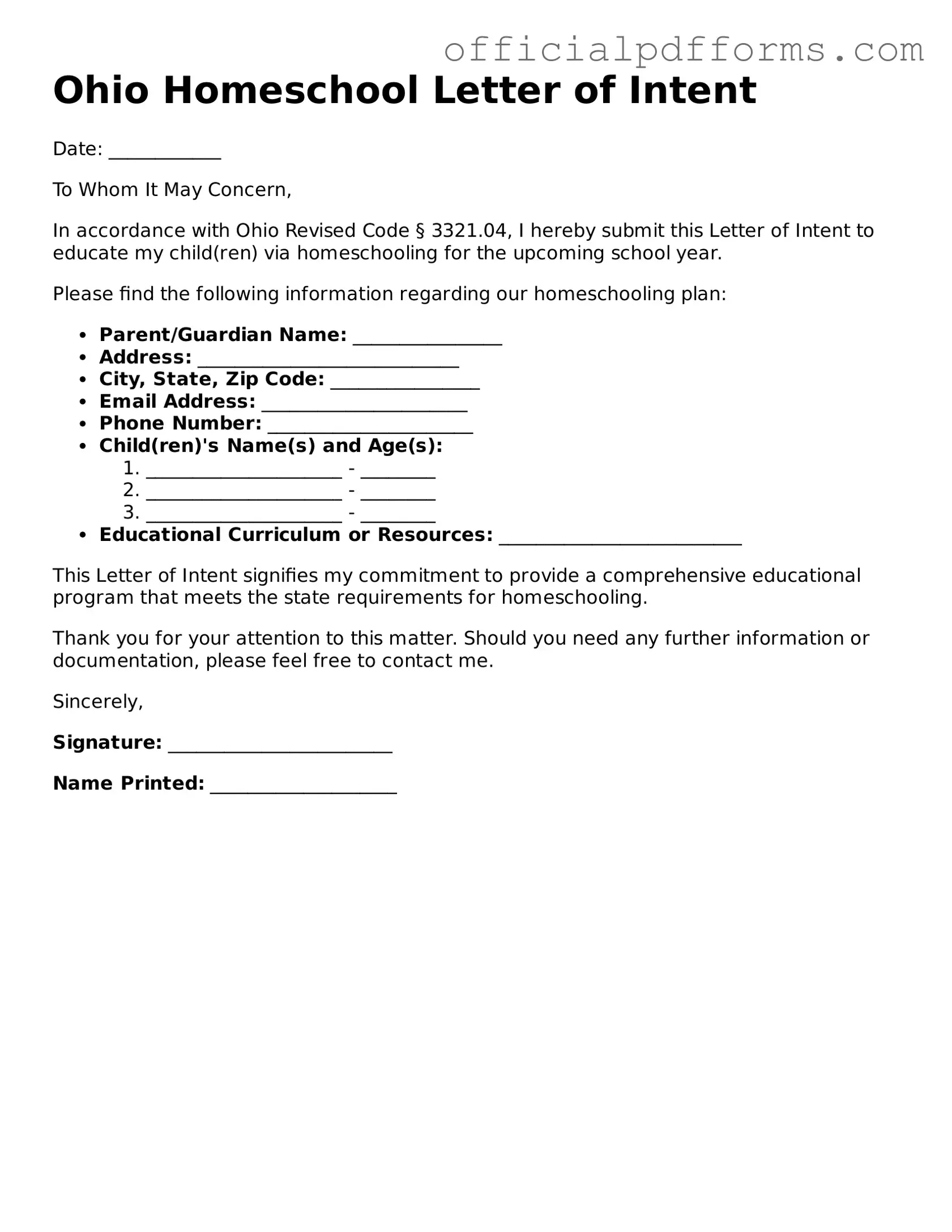 Printable Ohio Homeschool Letter of Intent Template