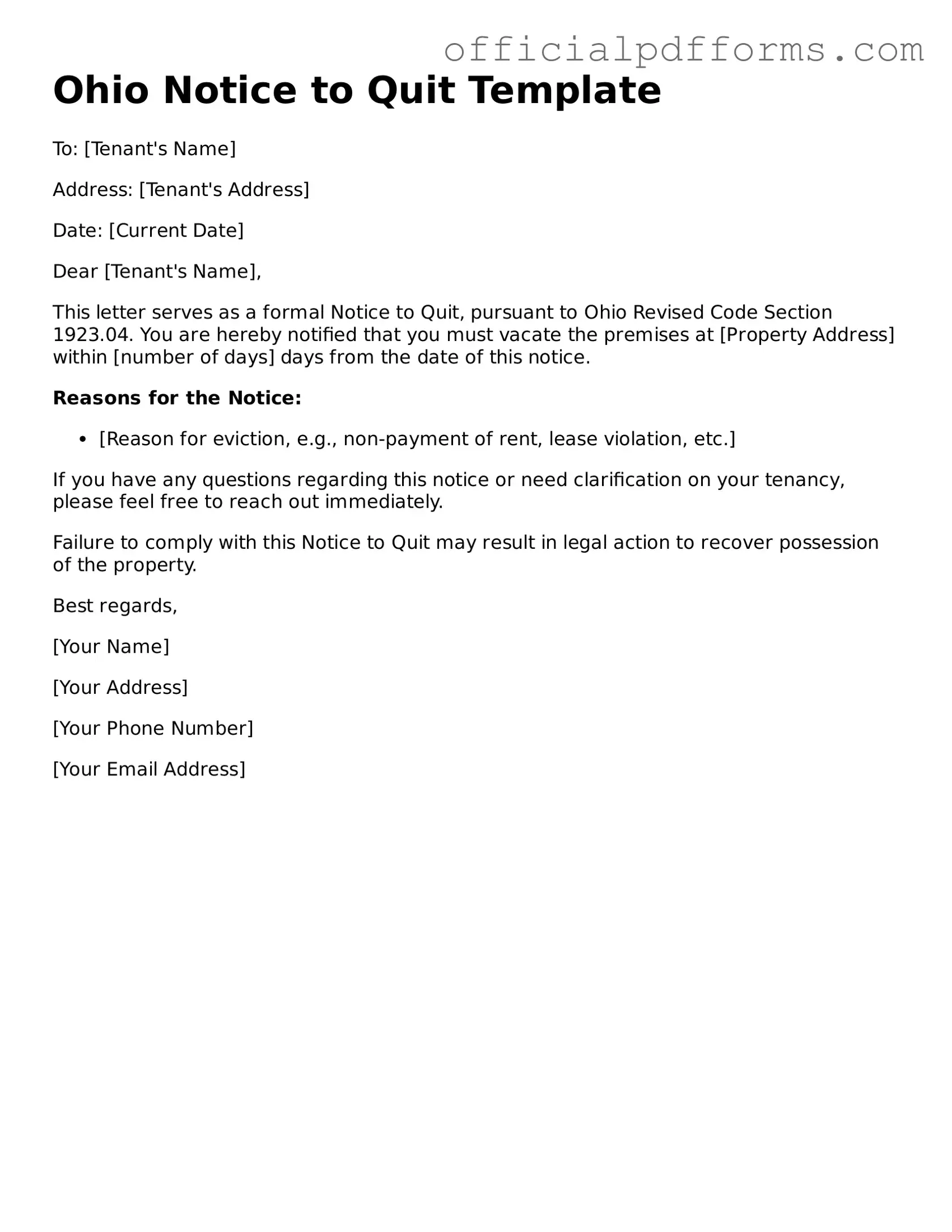 Printable Ohio Notice to Quit Template