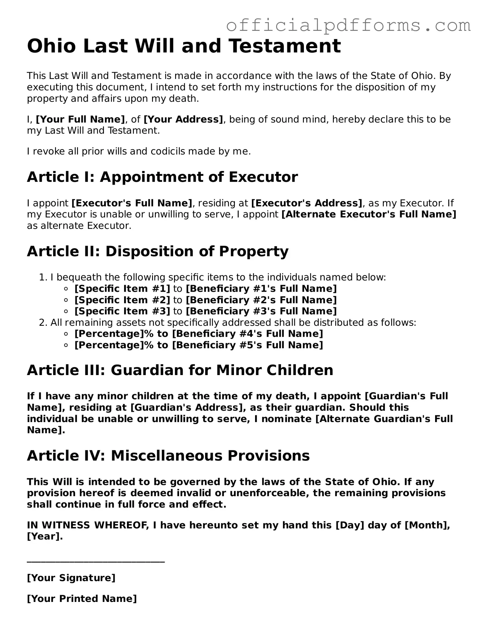 Printable Ohio Last Will and Testament Template
