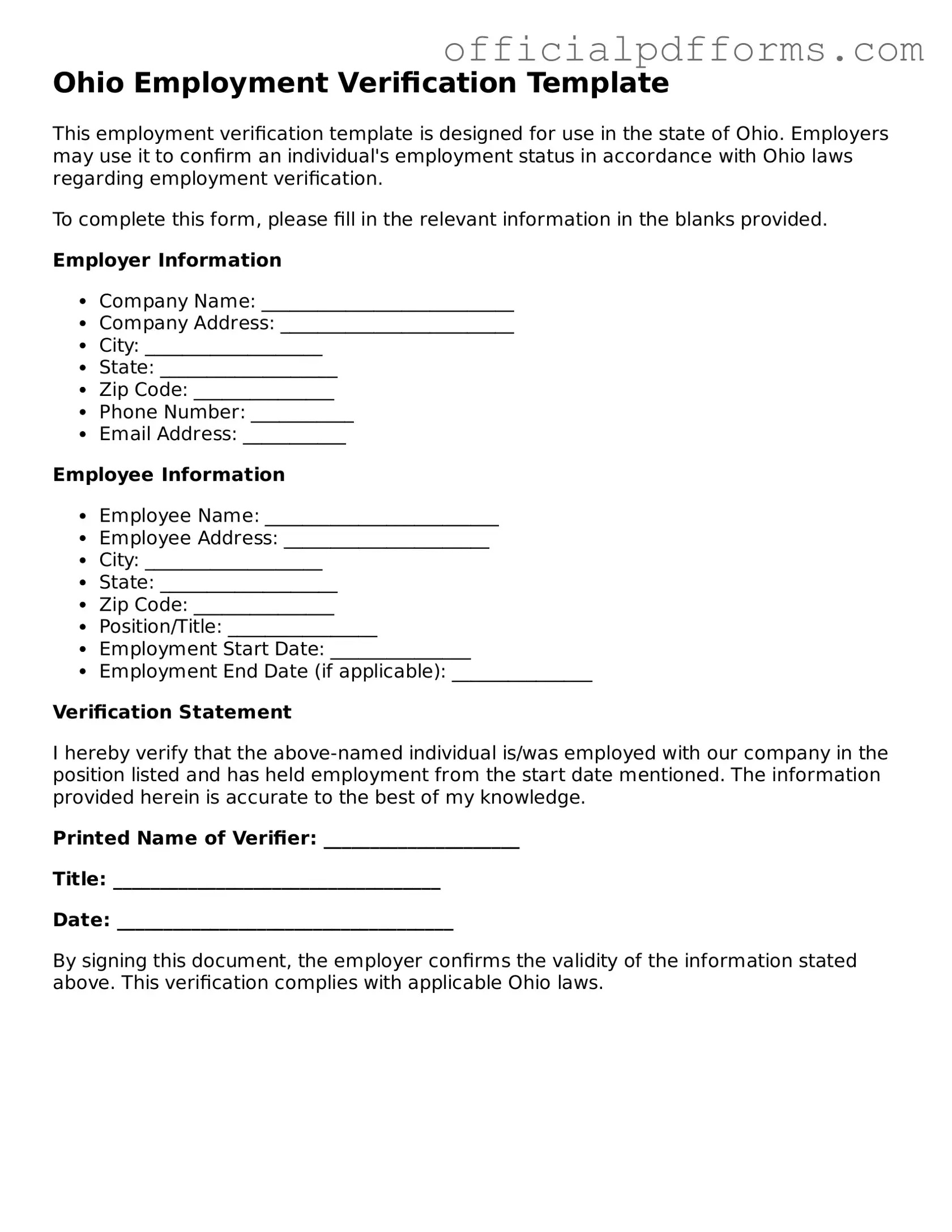 Printable Ohio Employment Verification Template
