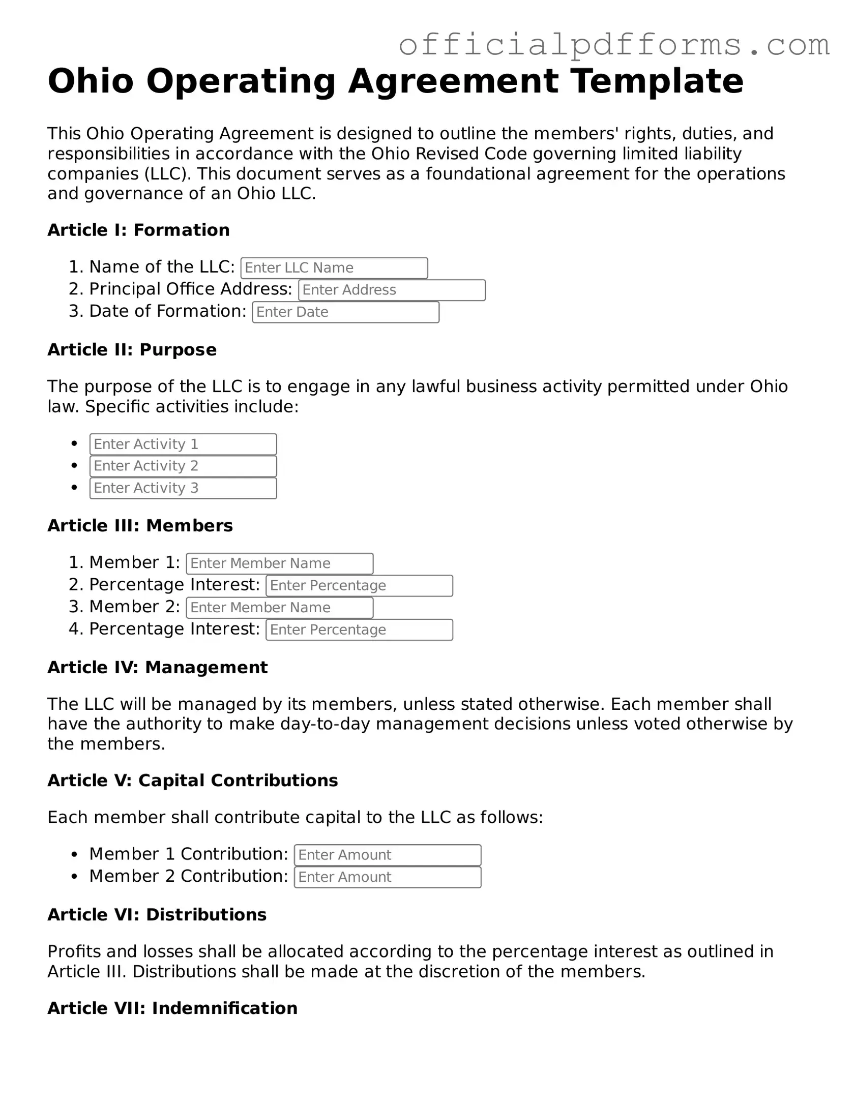 Printable Ohio Operating Agreement Template