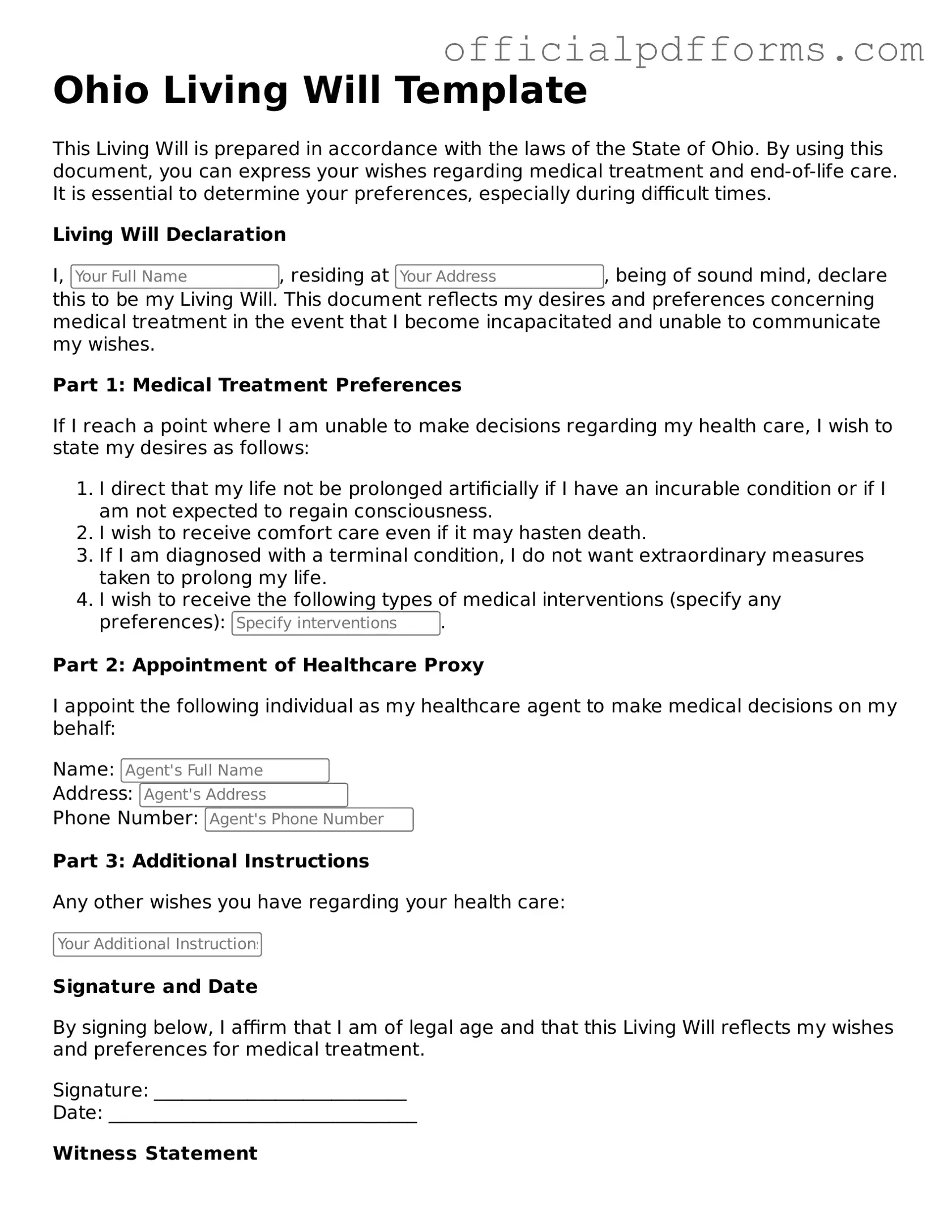 Printable Ohio Living Will Template