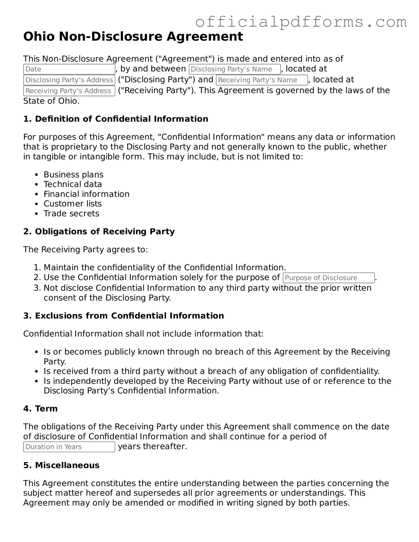 Printable Ohio Non-disclosure Agreement Template