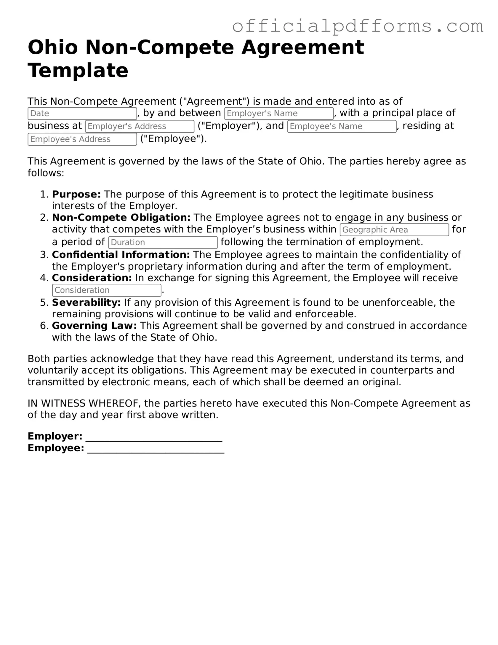 Printable Ohio Non-compete Agreement Template