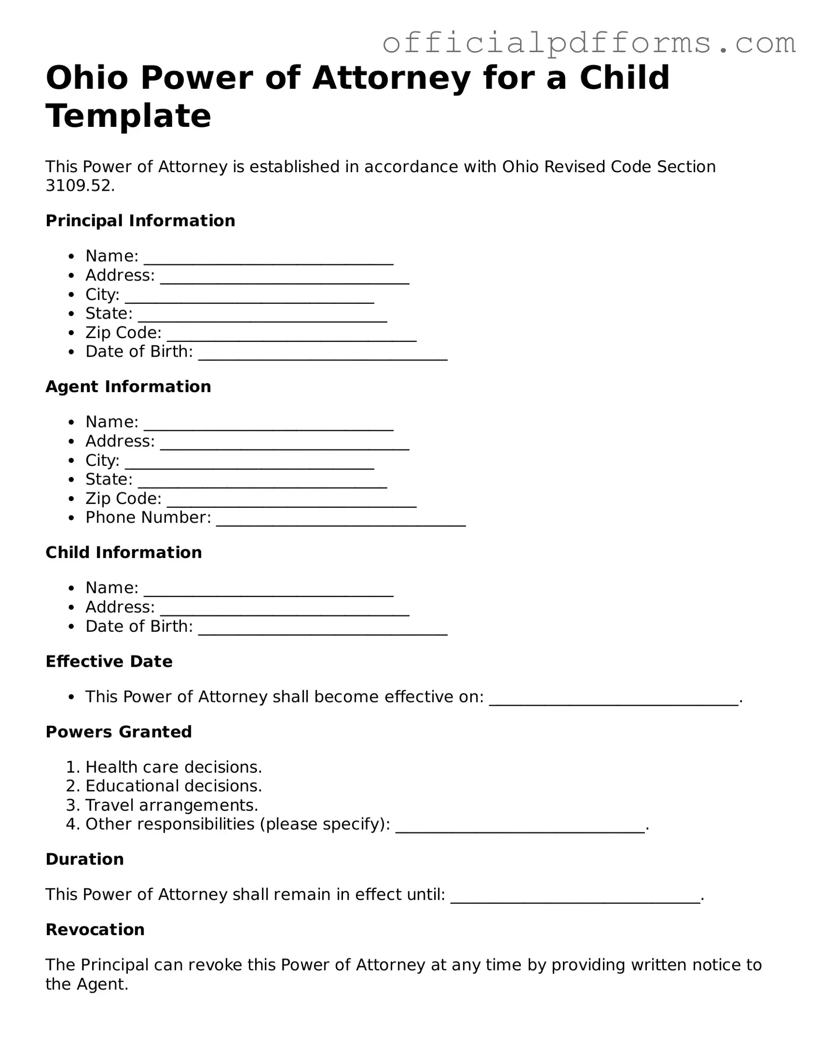 Printable Ohio Power of Attorney for a Child Template