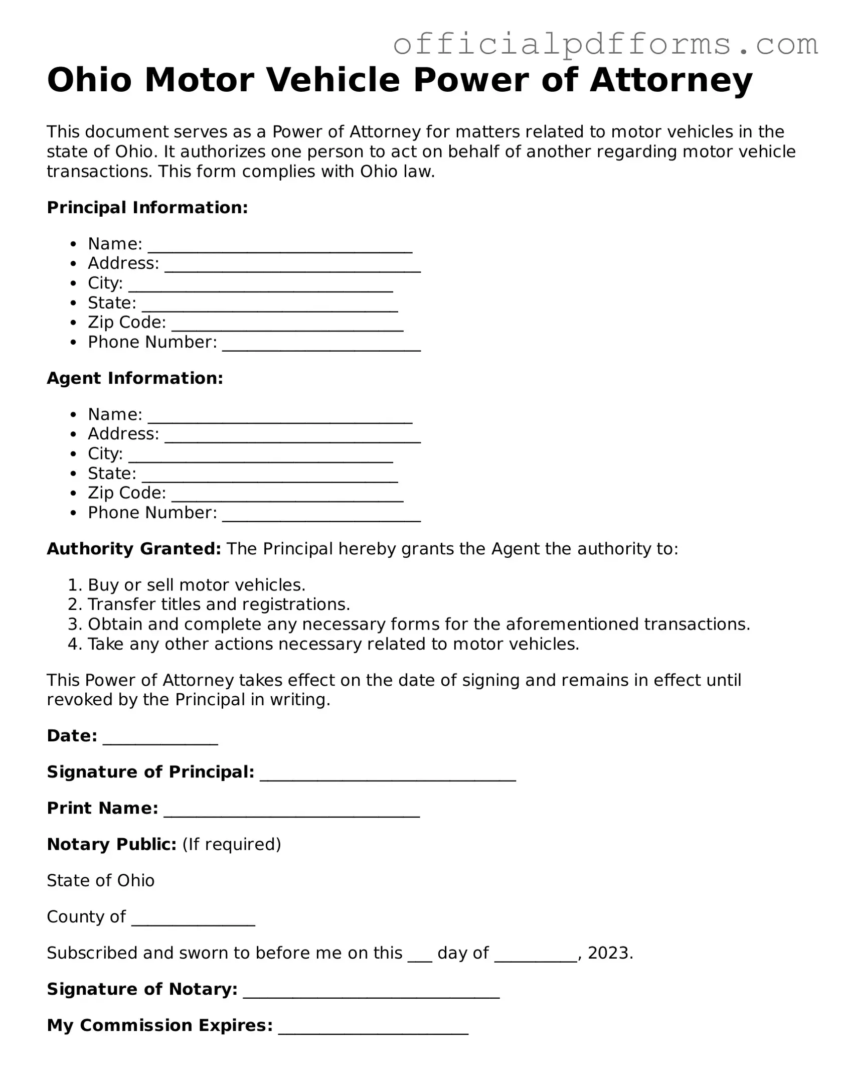 Printable Ohio Motor Vehicle Power of Attorney Template