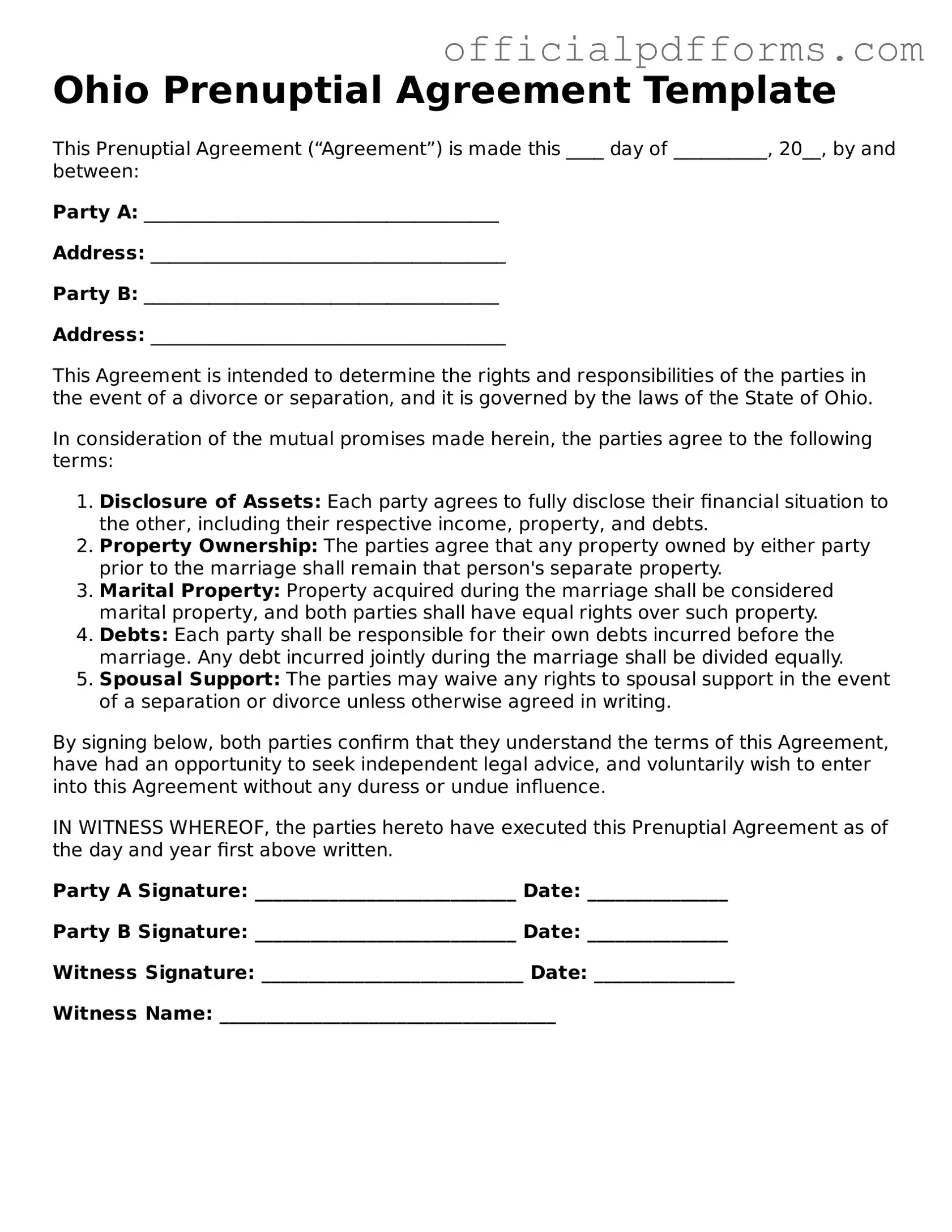 Printable Ohio Prenuptial Agreement Template