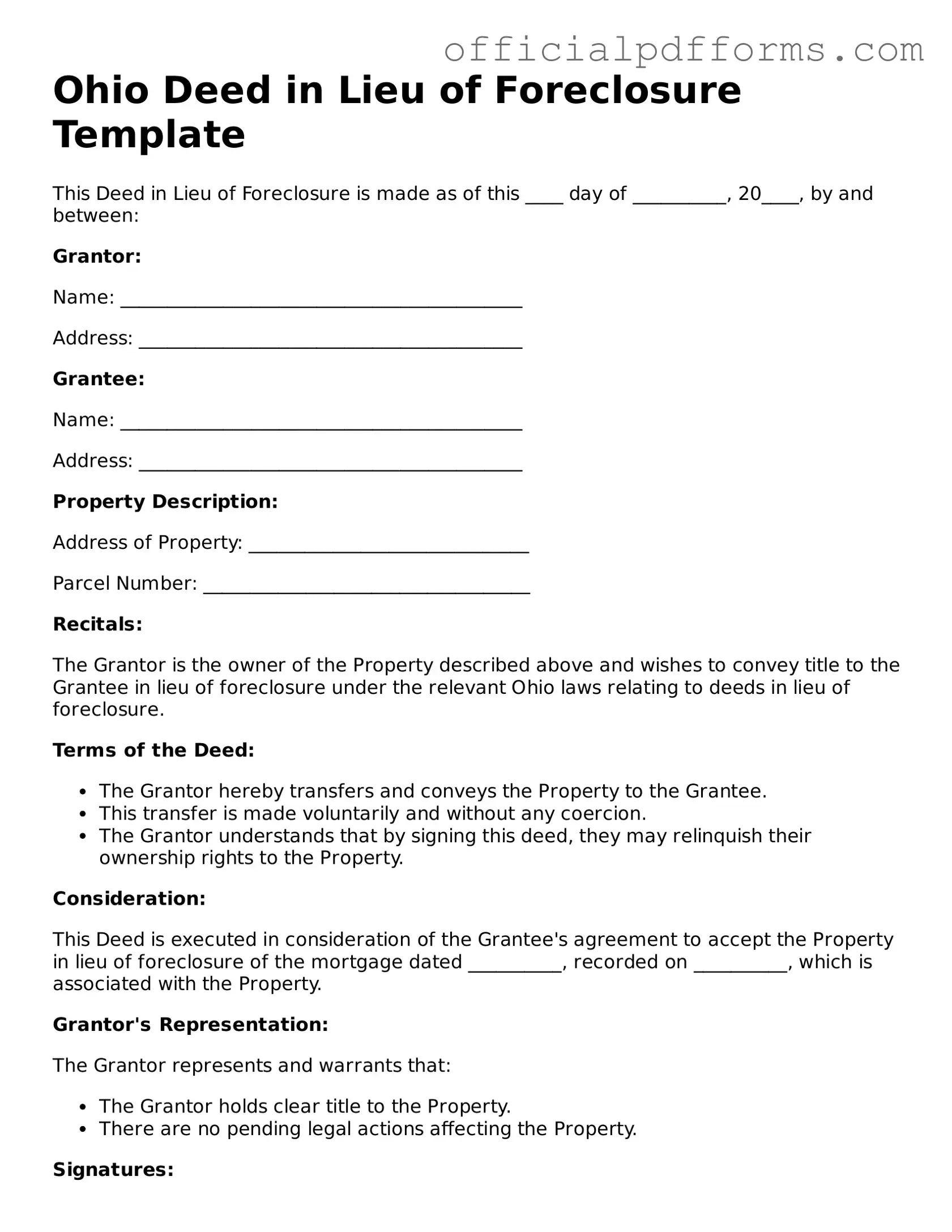 Printable Ohio Deed in Lieu of Foreclosure Template
