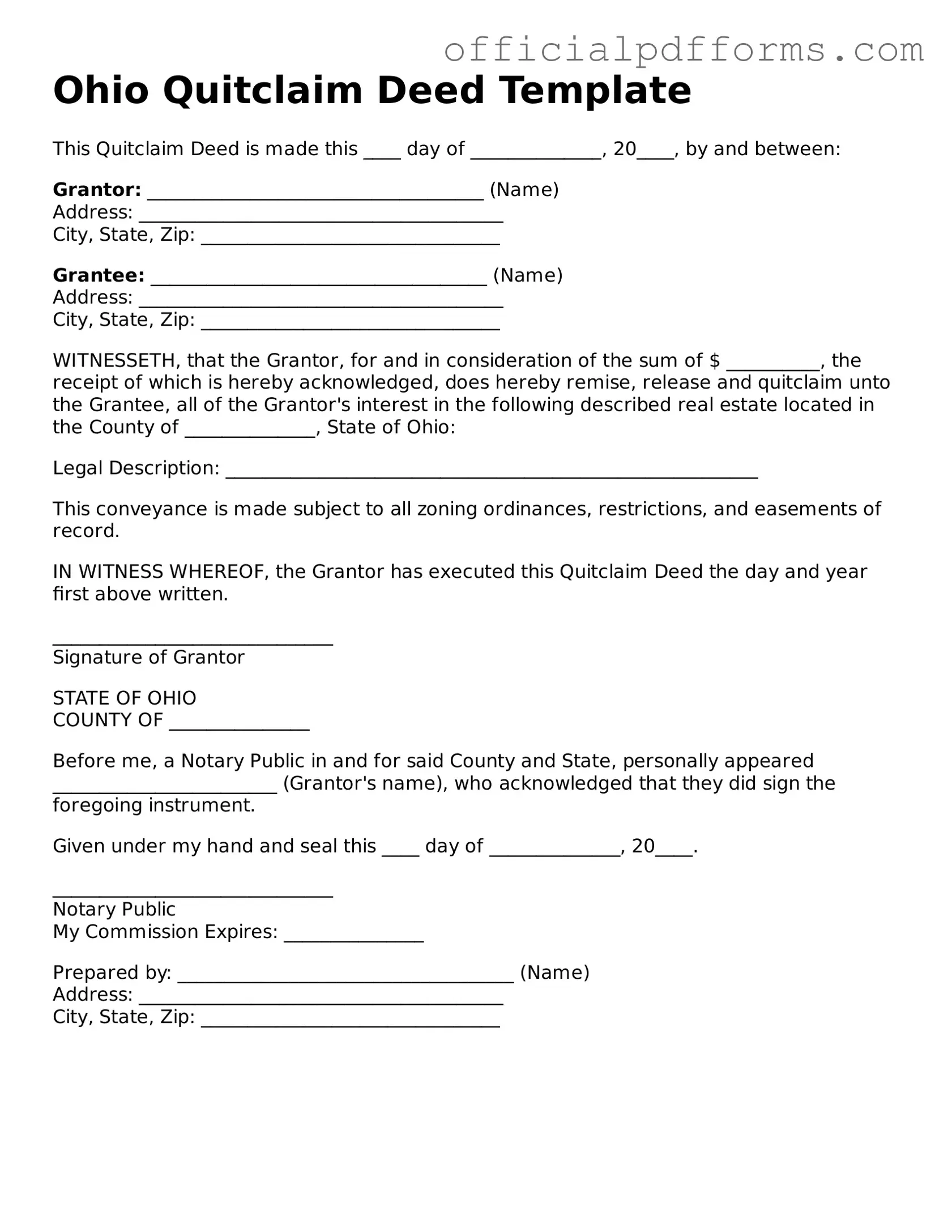 Printable Ohio Quitclaim Deed Template