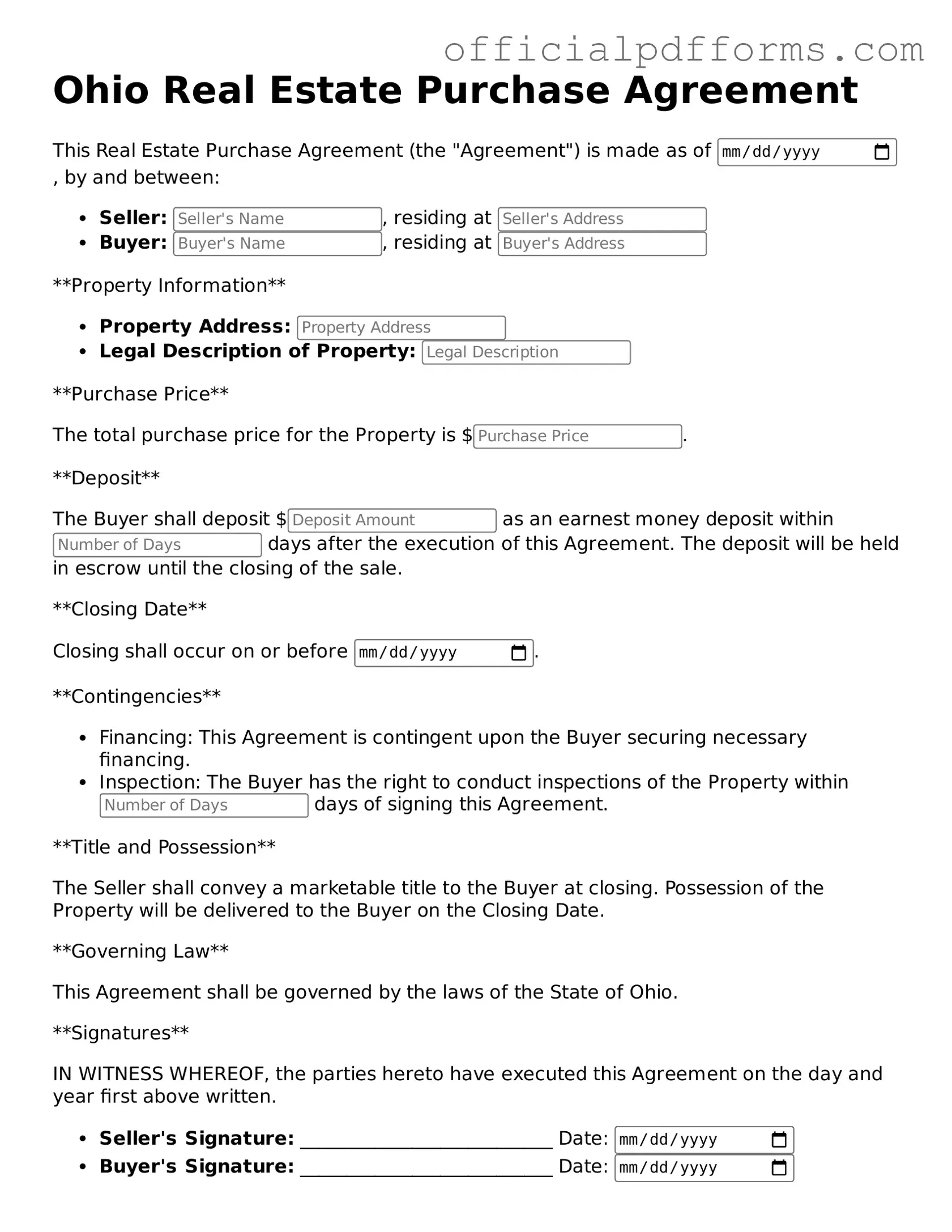 Printable Ohio Real Estate Purchase Agreement Template