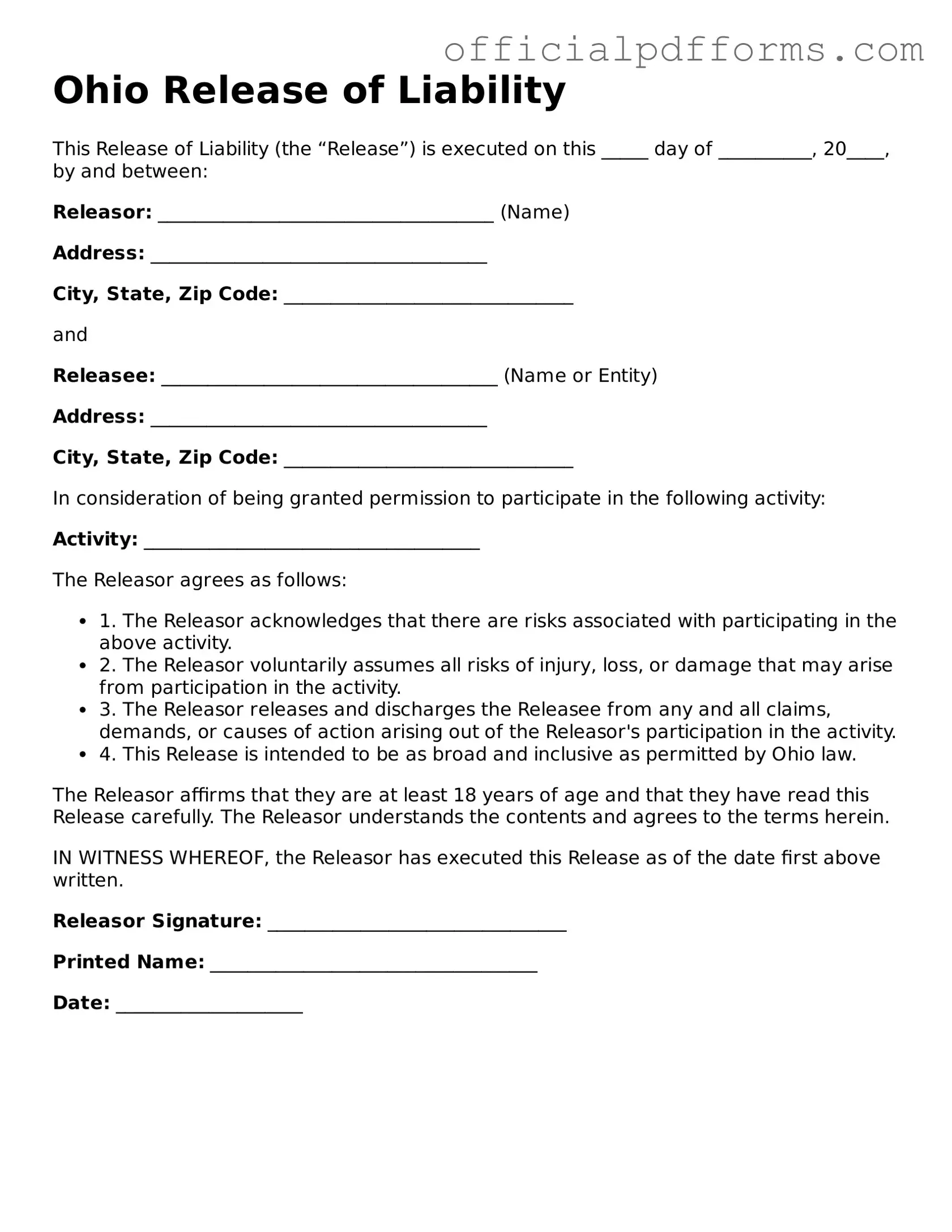 Printable Ohio Release of Liability Template