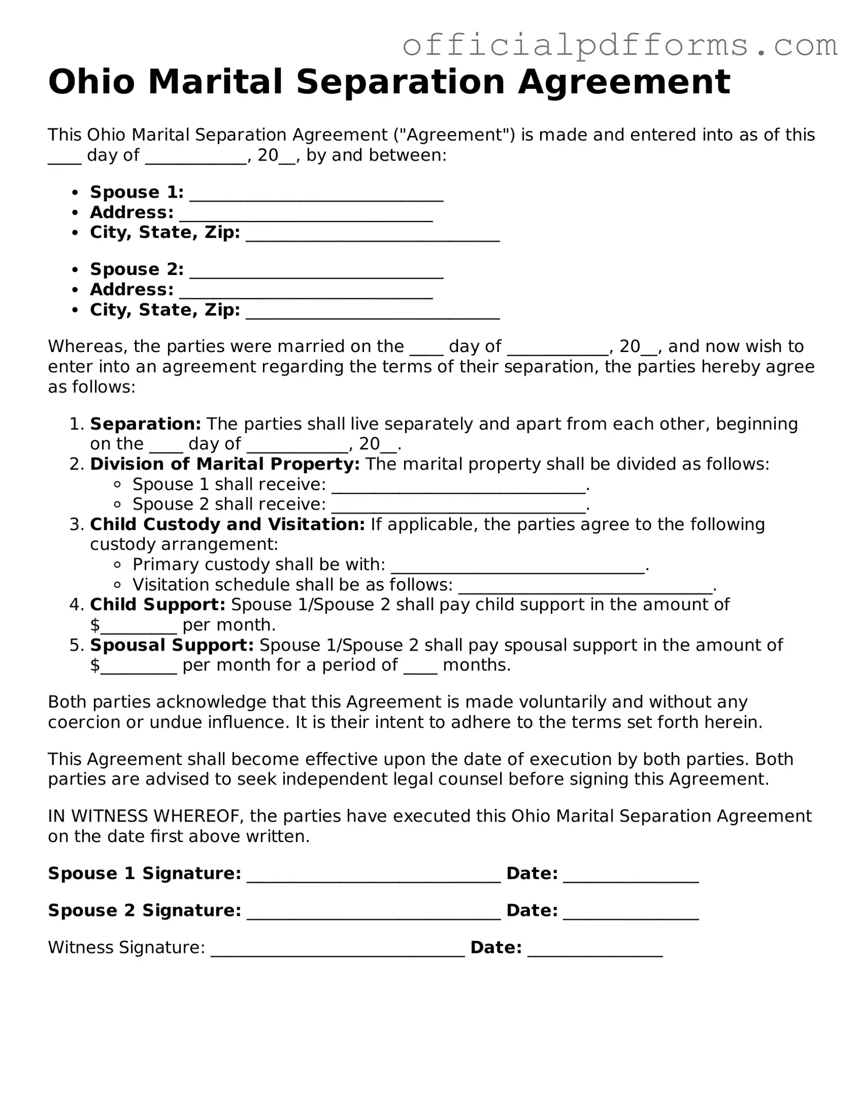 Printable Ohio Marital Separation Agreement Template