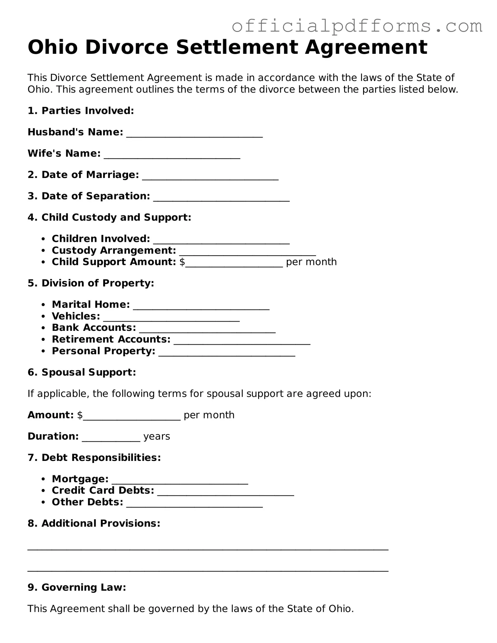 Printable Ohio Divorce Settlement Agreement Template