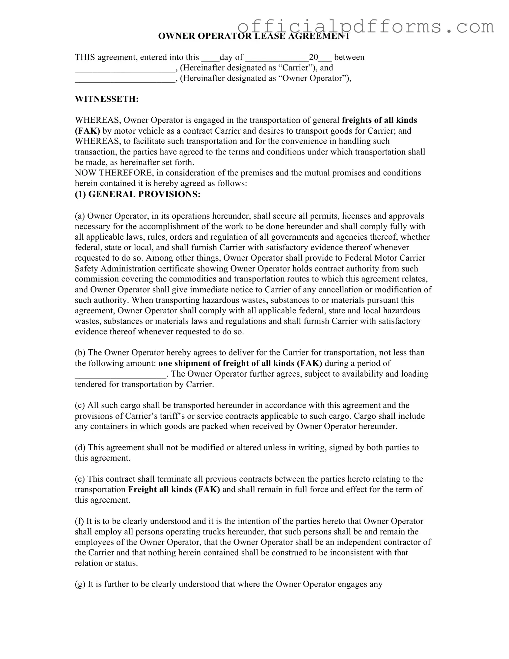 Fill in a Valid Owner Operator Lease Agreement Form