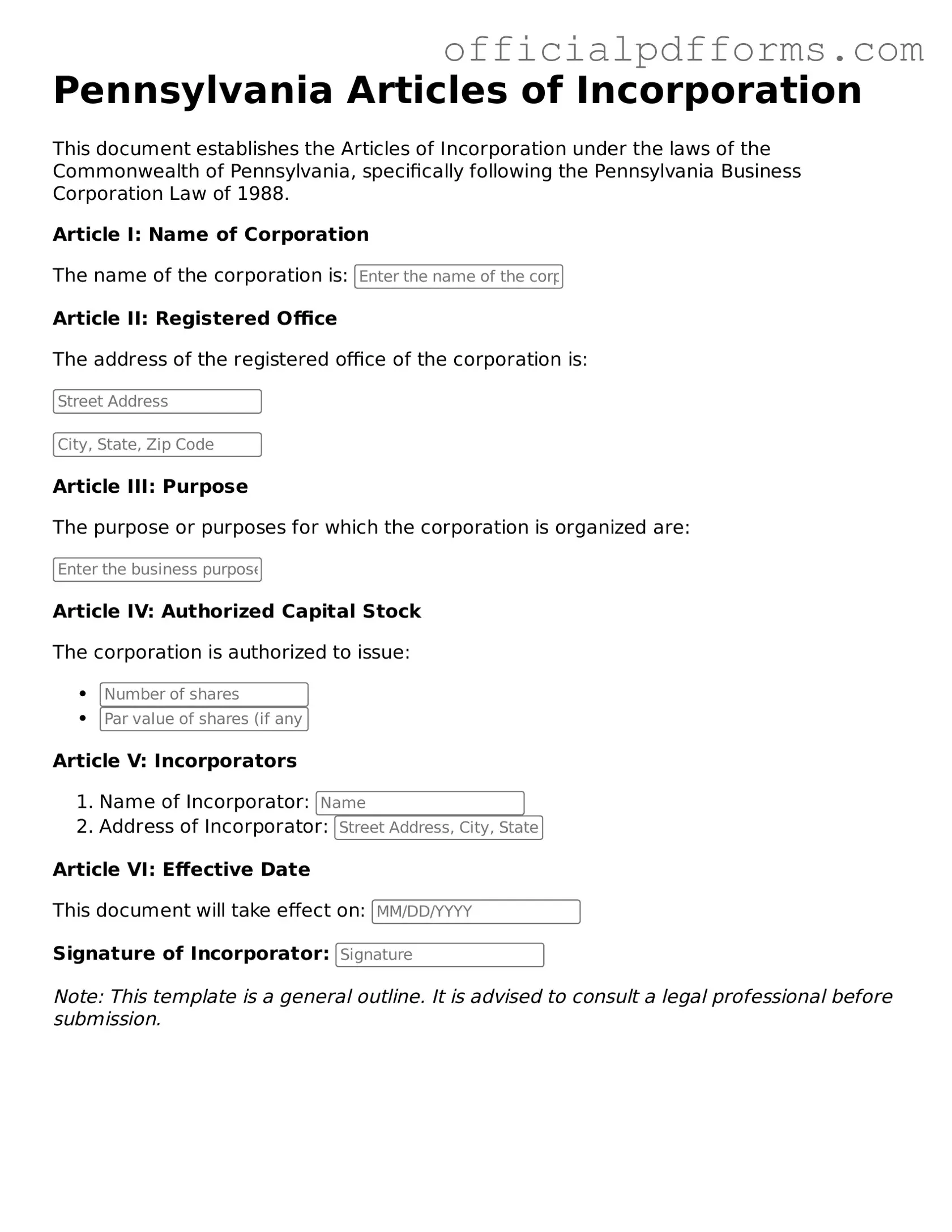 Printable Pennsylvania Articles of Incorporation Template