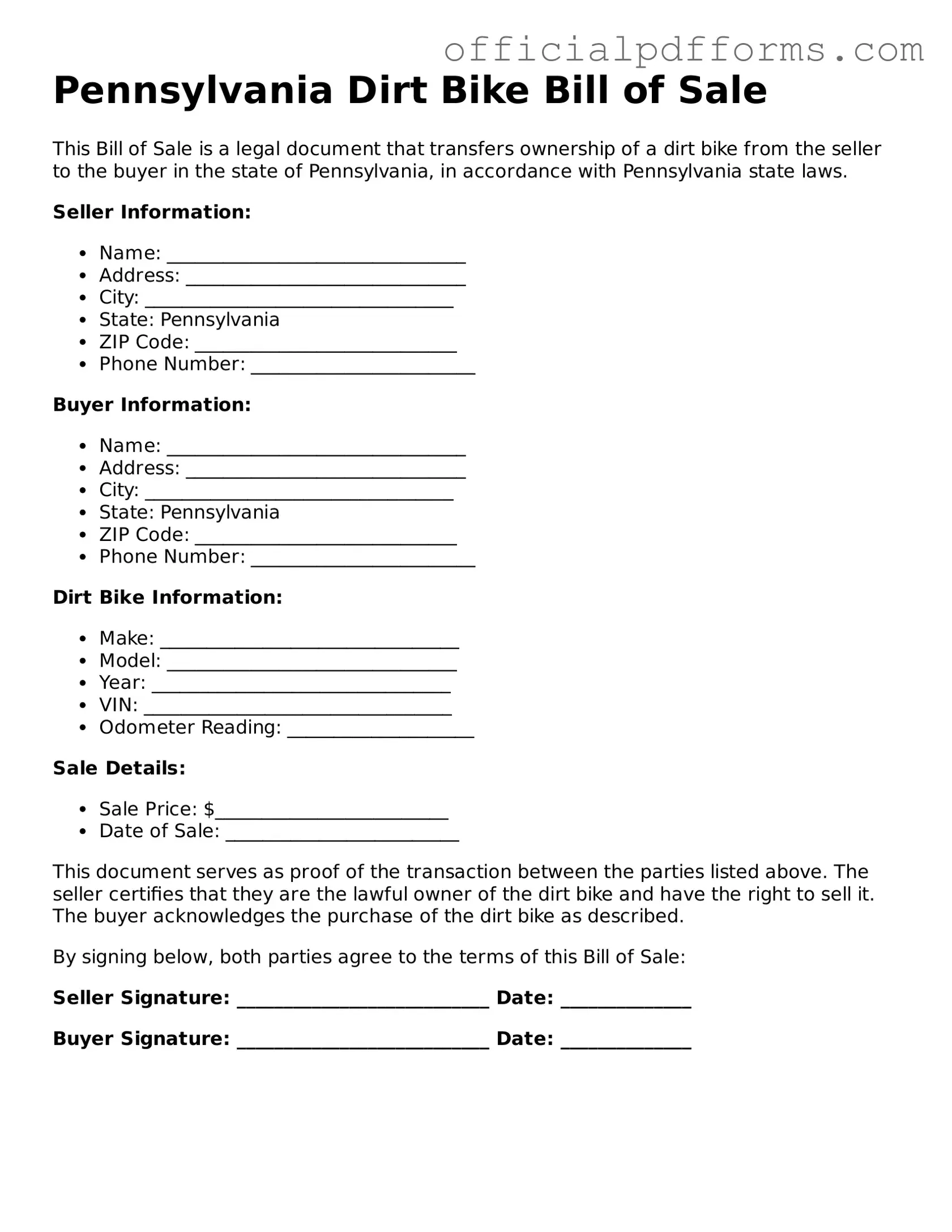 Printable Pennsylvania Dirt Bike Bill of Sale Template