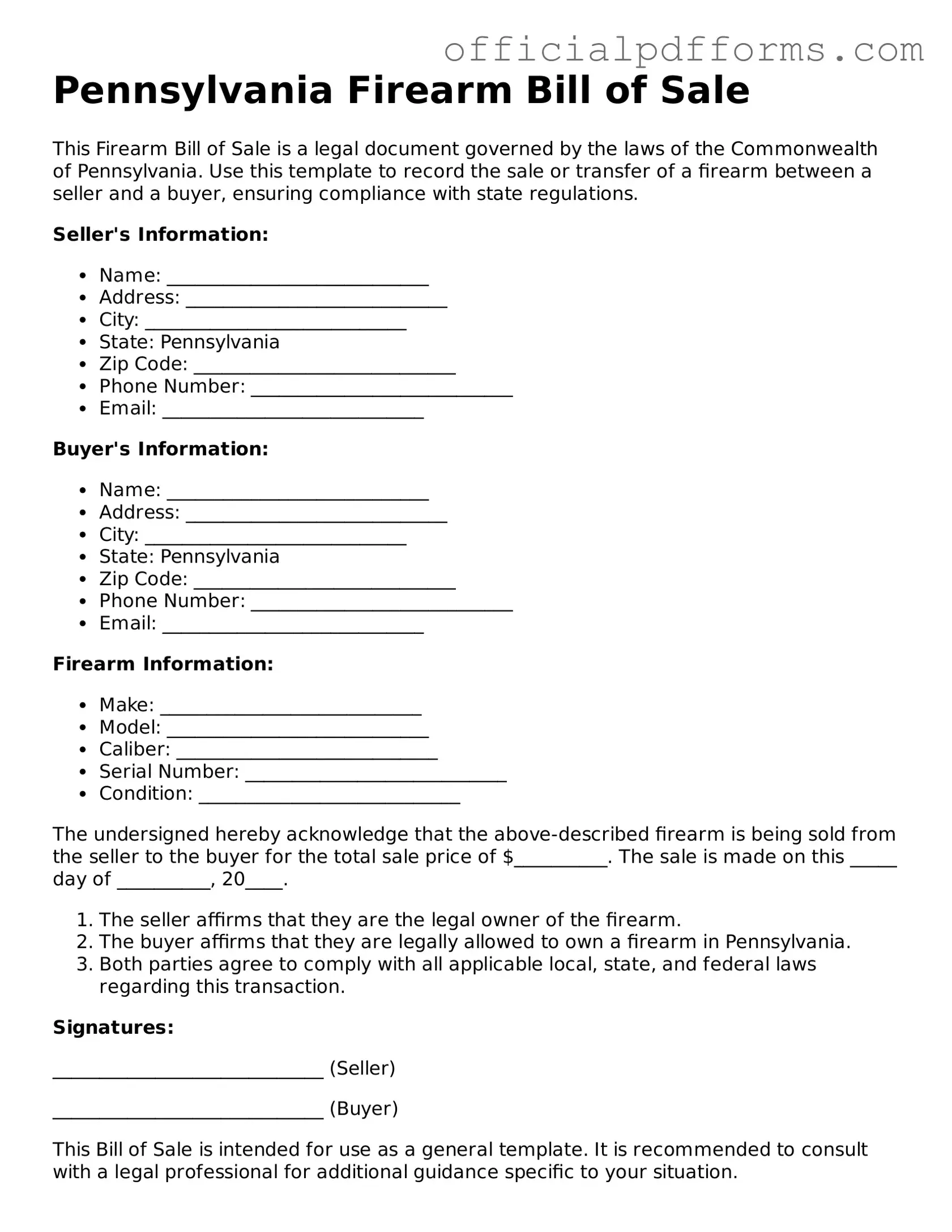 Printable Pennsylvania Firearm Bill of Sale Template