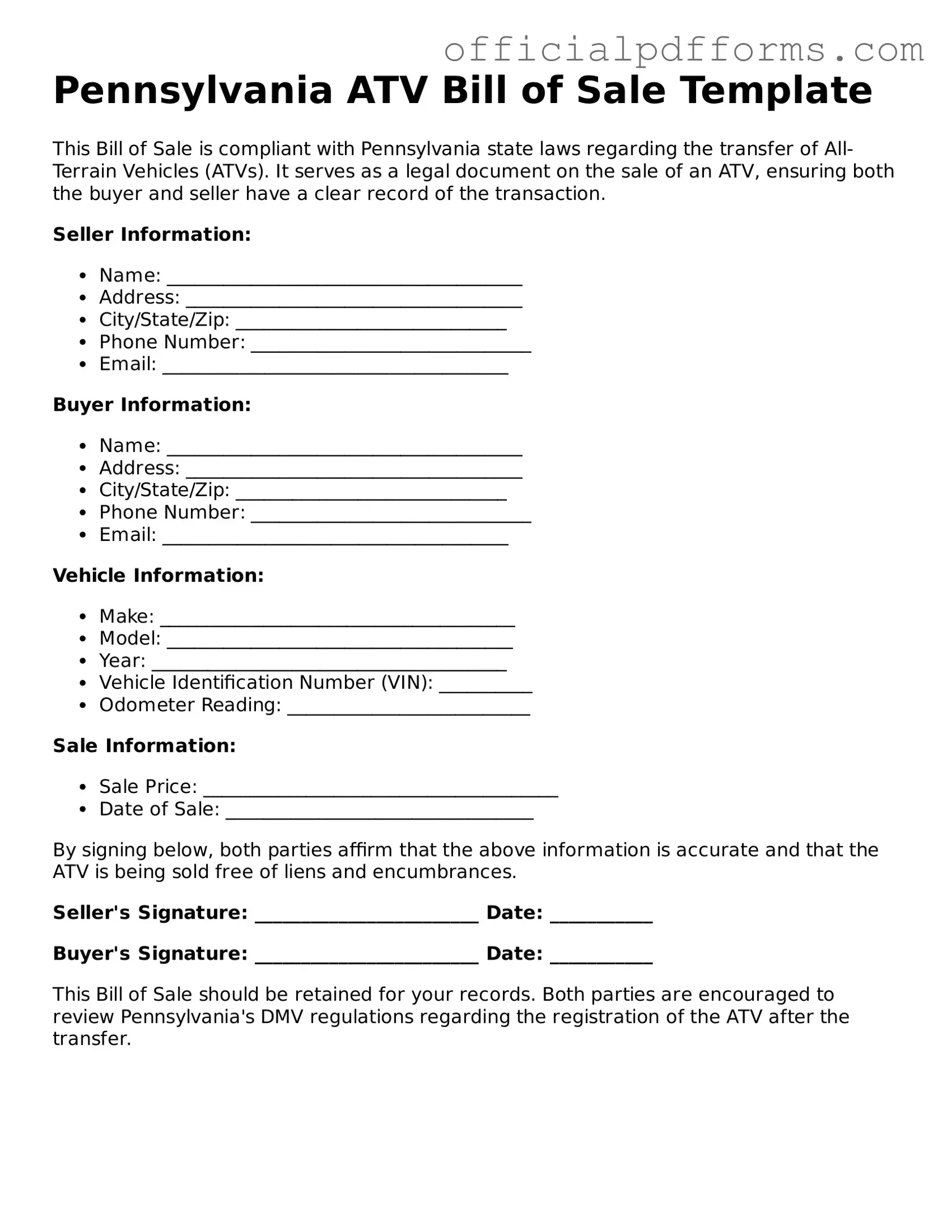 Printable Pennsylvania ATV Bill of Sale Template