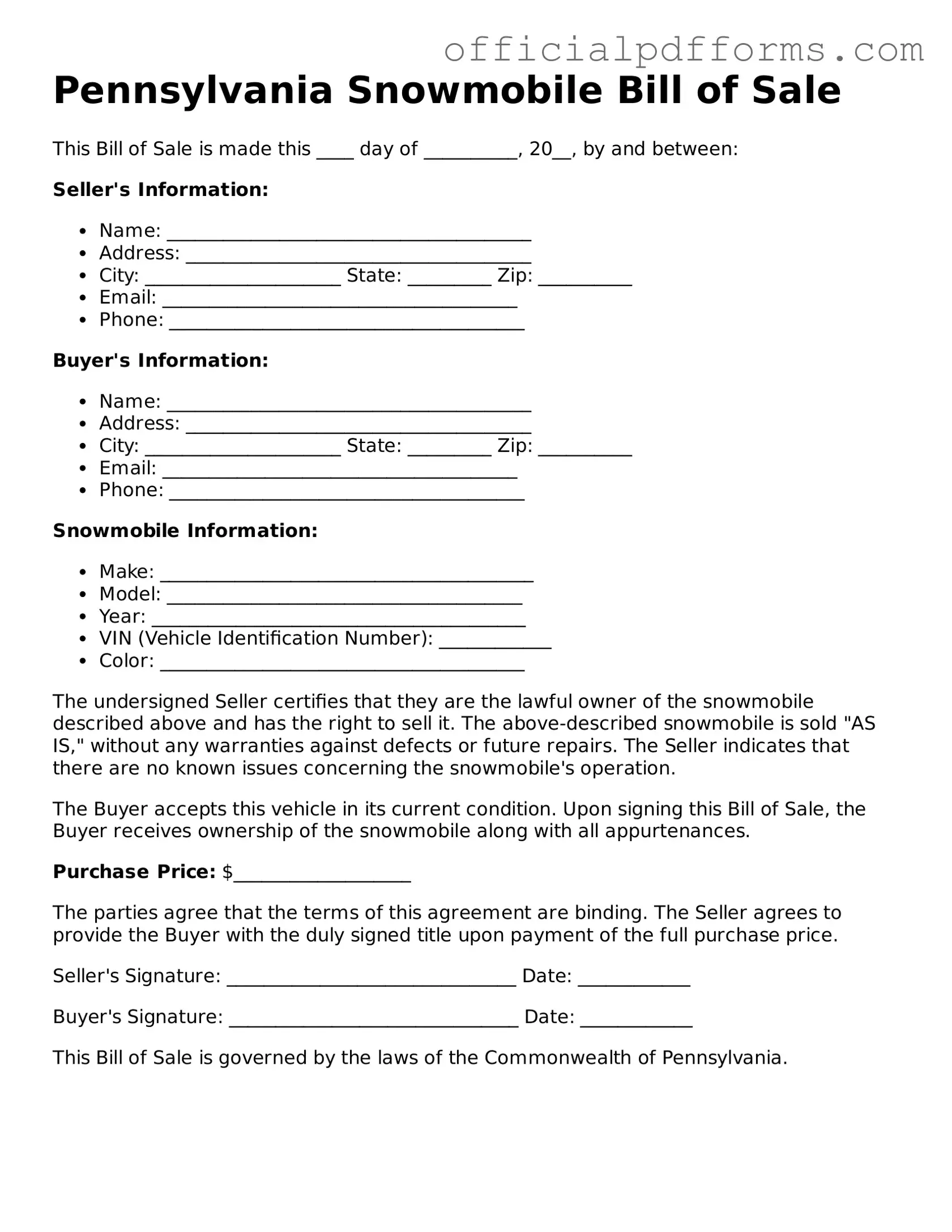 Printable Pennsylvania Snowmobile Bill of Sale Template