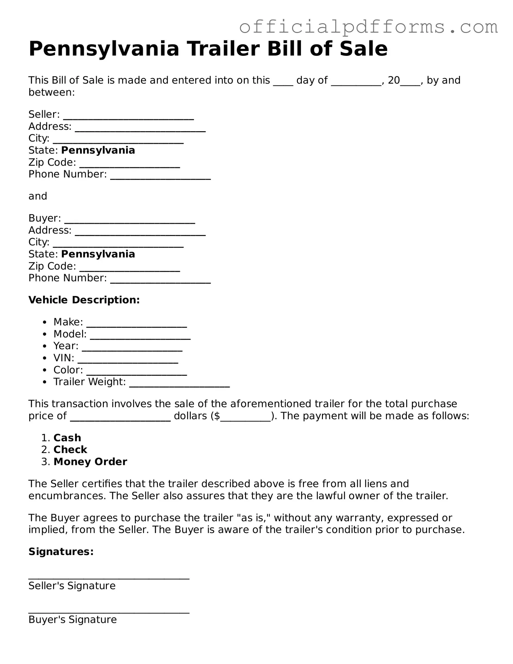 Printable Pennsylvania Trailer Bill of Sale Template