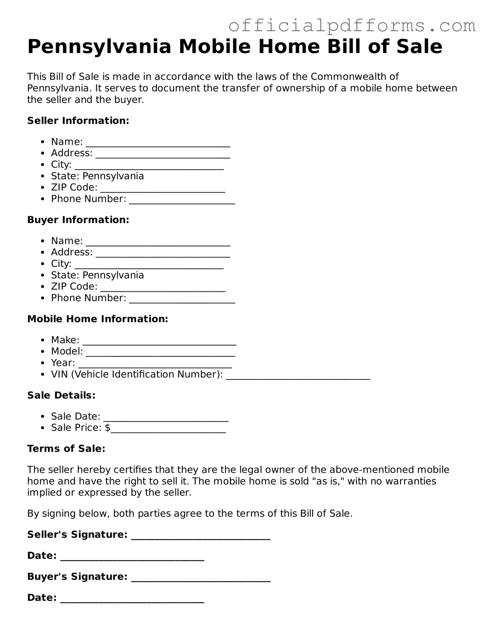 Printable Pennsylvania Mobile Home Bill of Sale Template