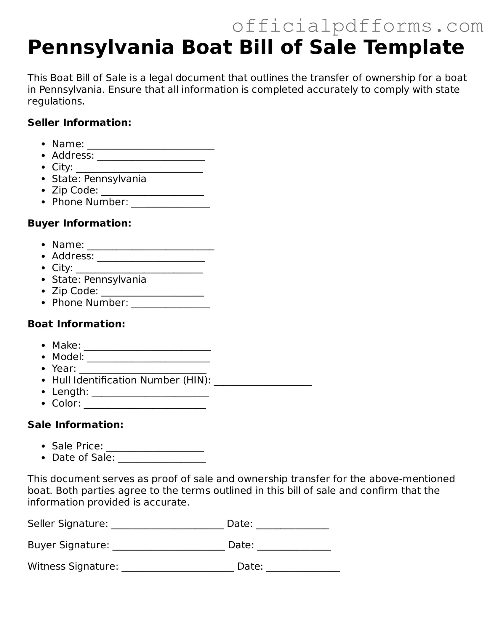 Printable Pennsylvania Boat Bill of Sale Template
