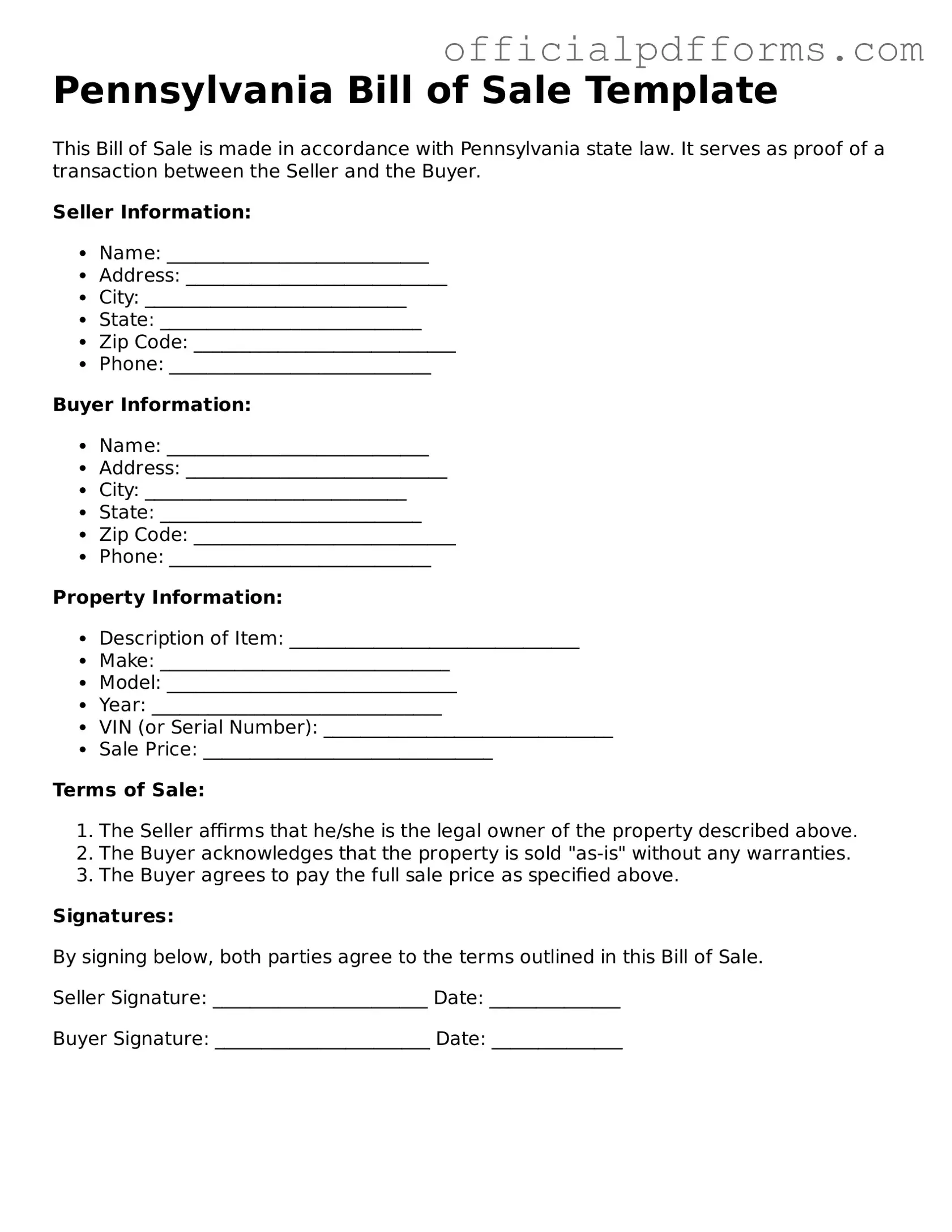 Printable Pennsylvania Bill of Sale Template