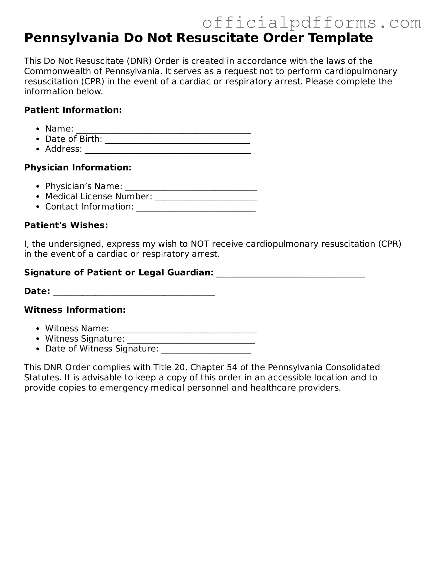 Printable Pennsylvania Do Not Resuscitate Order Template