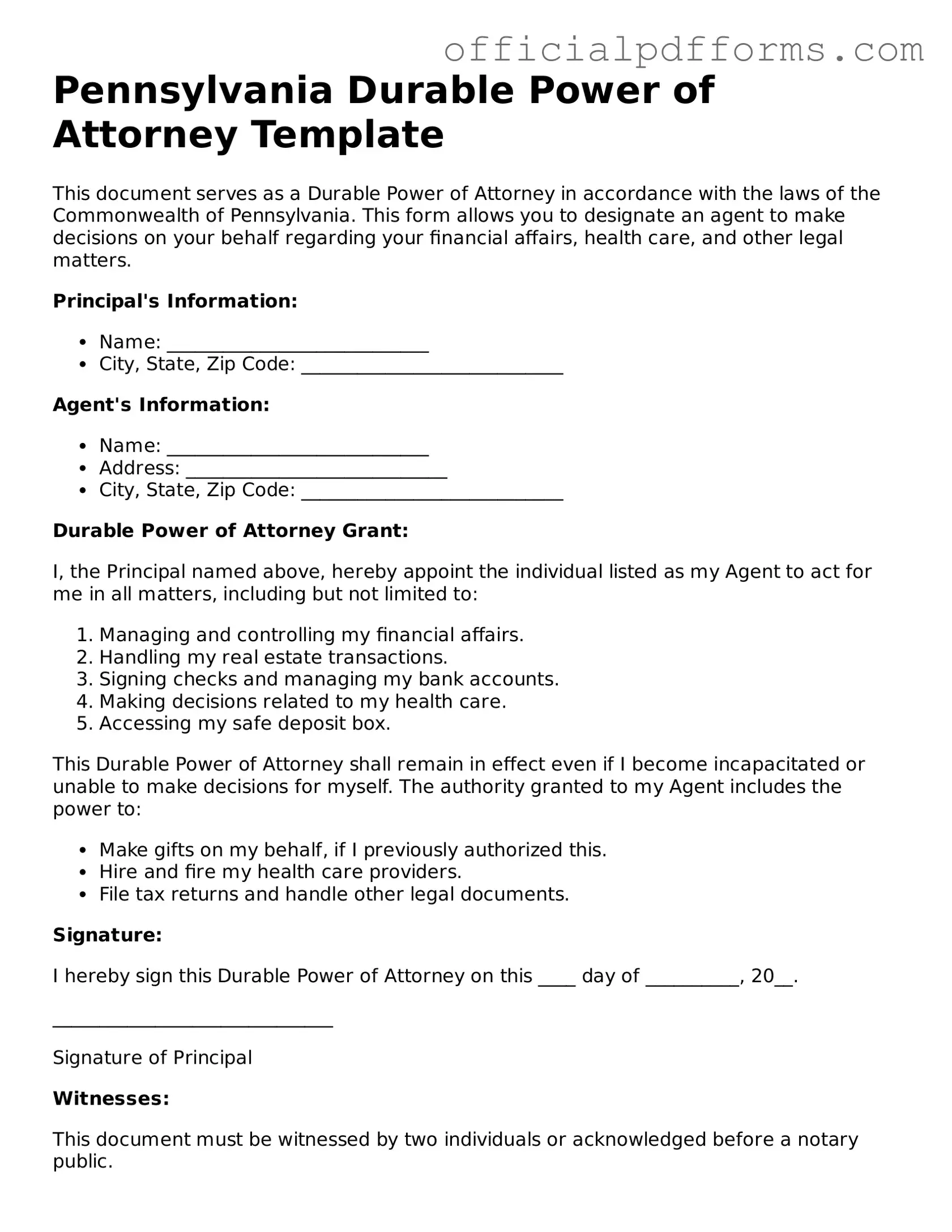 Printable Pennsylvania Durable Power of Attorney Template