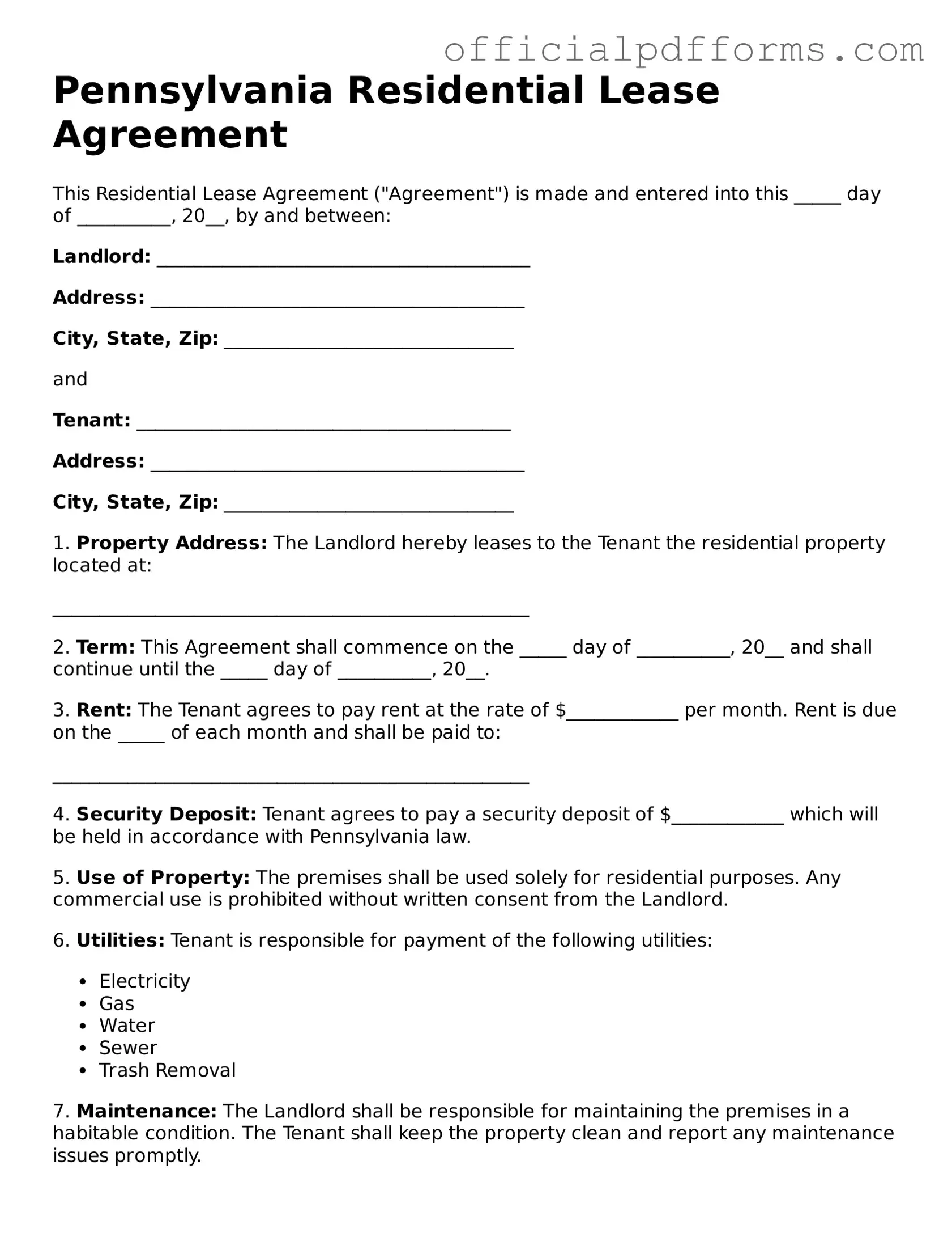 Printable Pennsylvania Residential Lease Agreement Template