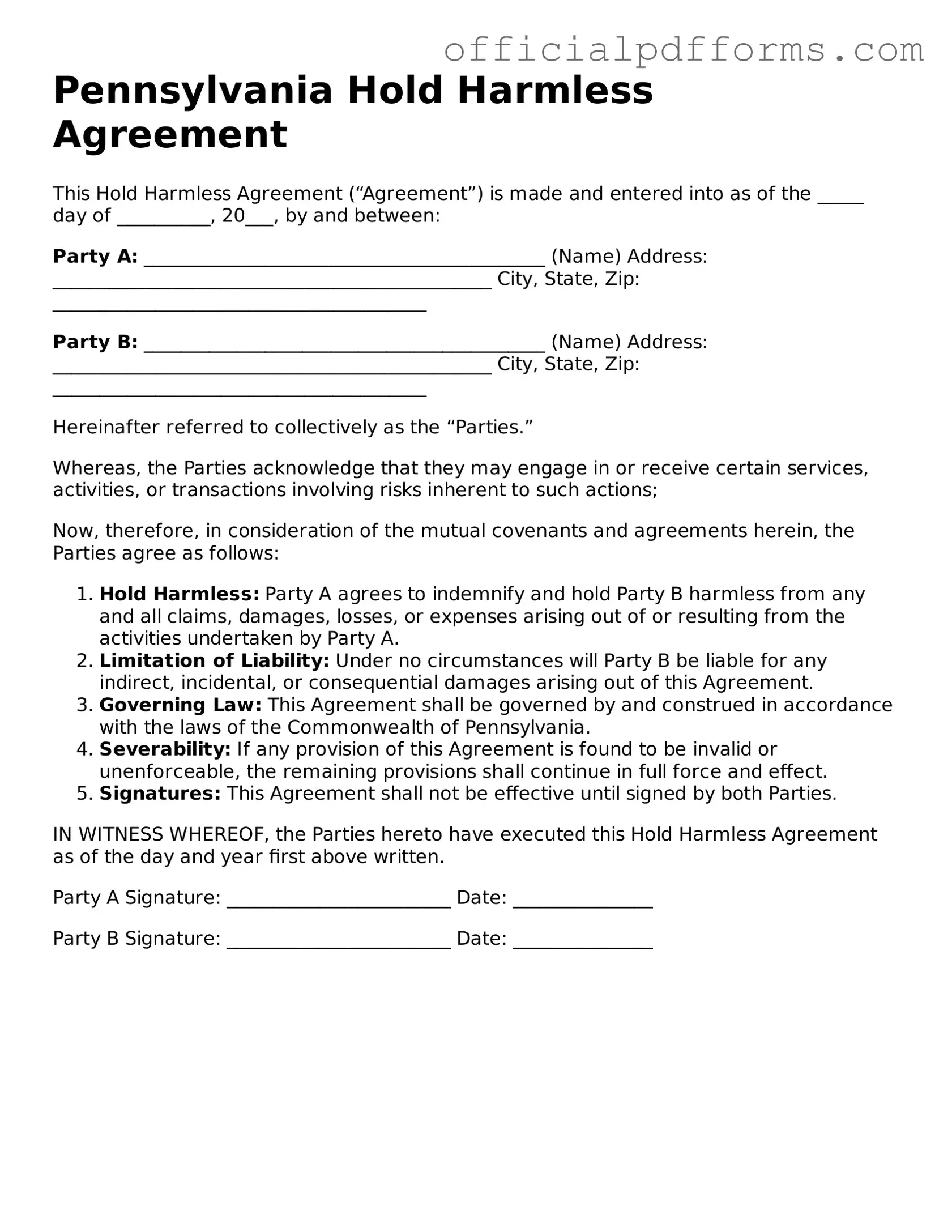 Printable Pennsylvania Hold Harmless Agreement Template