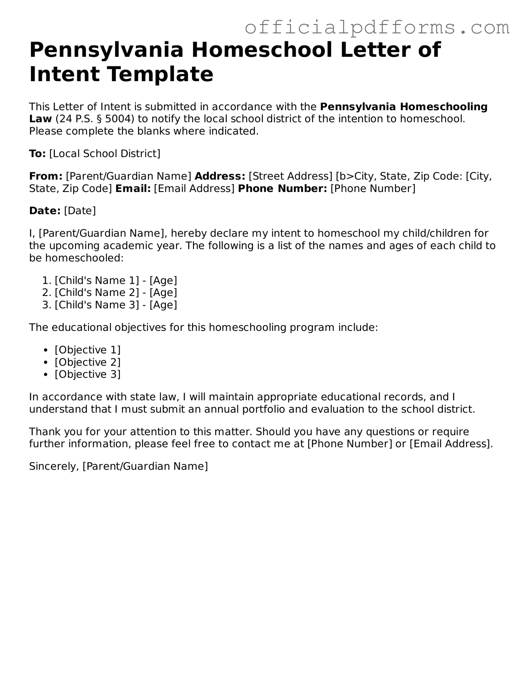 Printable Pennsylvania Homeschool Letter of Intent Template