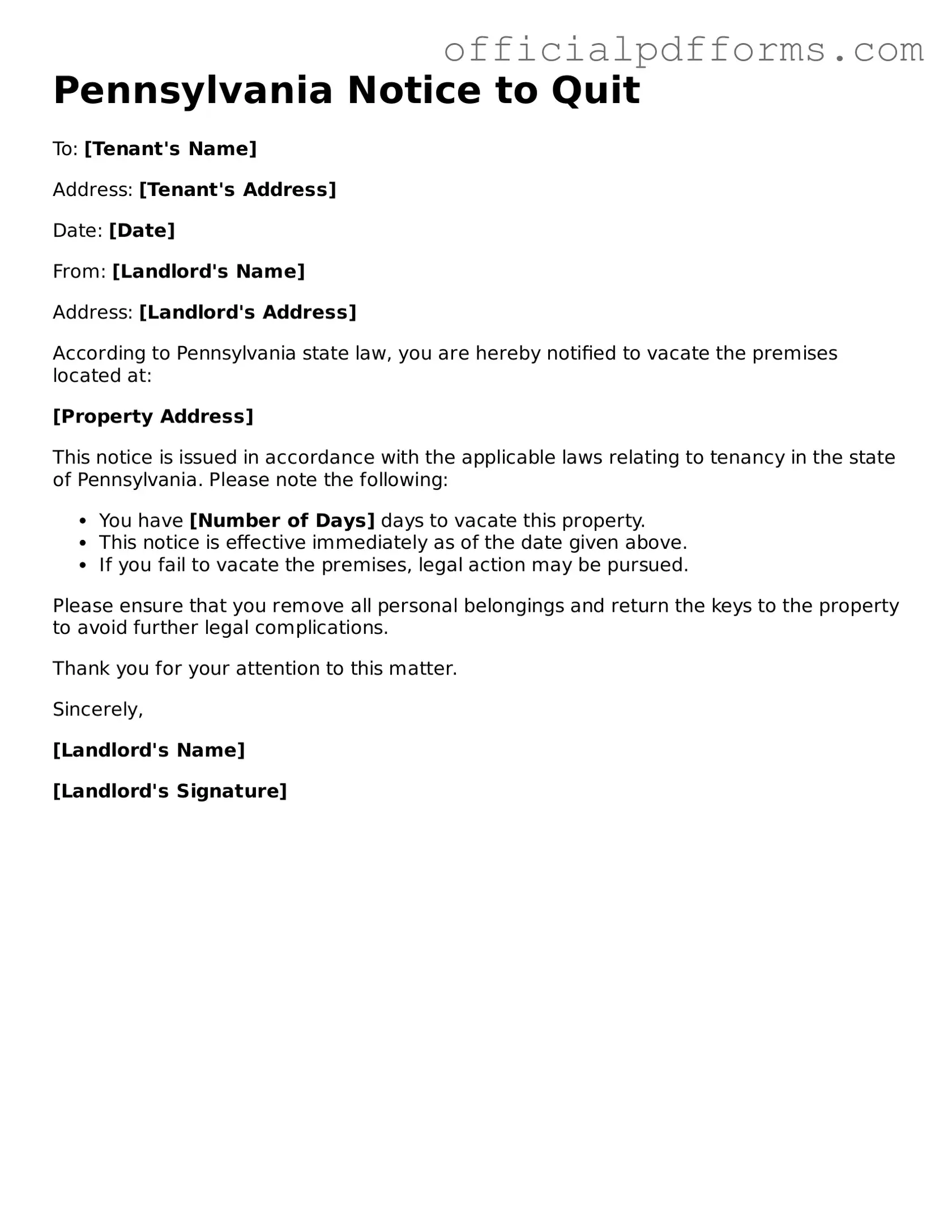 Printable Pennsylvania Notice to Quit Template