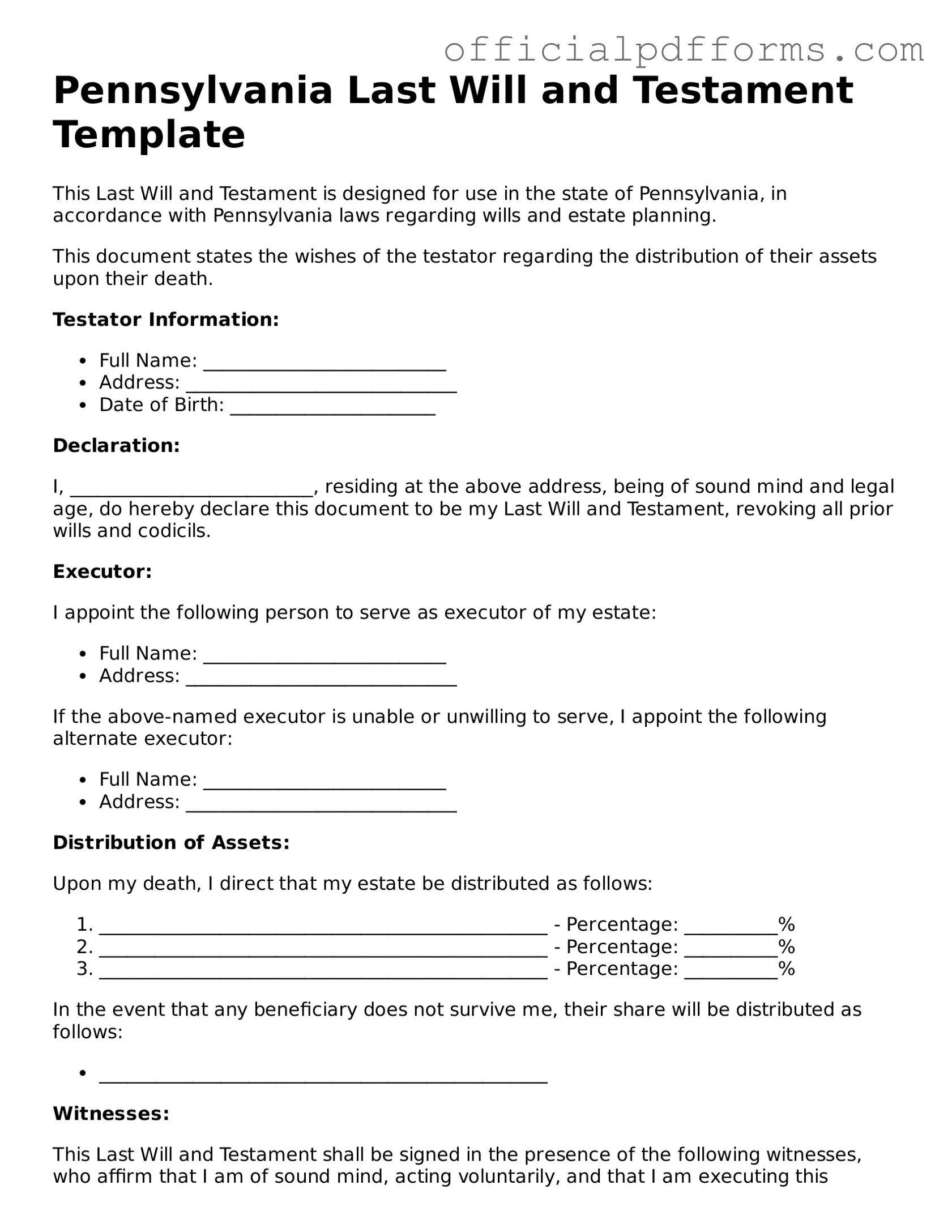 Printable Pennsylvania Last Will and Testament Template